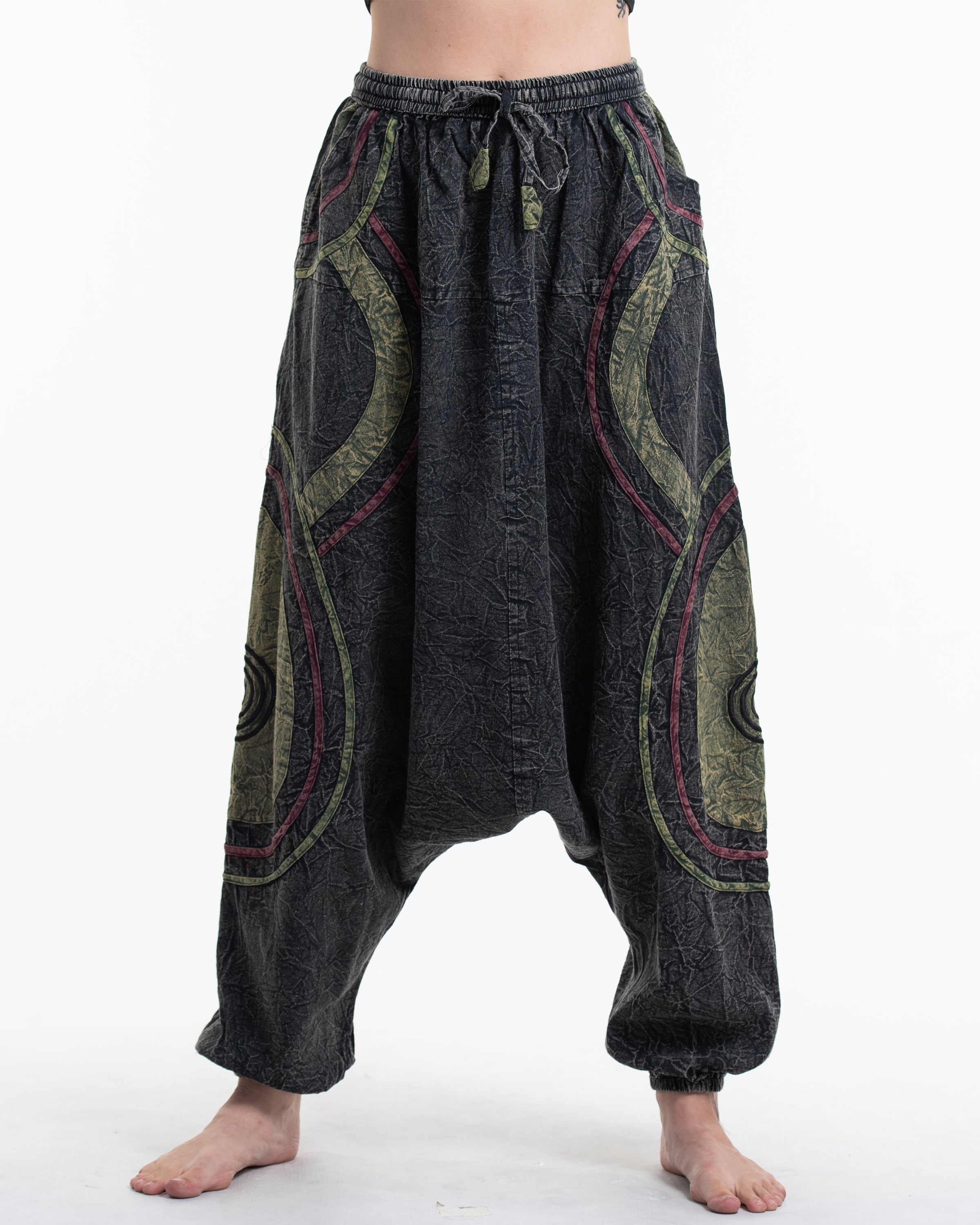 Women's Patchwork Stone Washed Low Cut Cotton Pants in Black 01