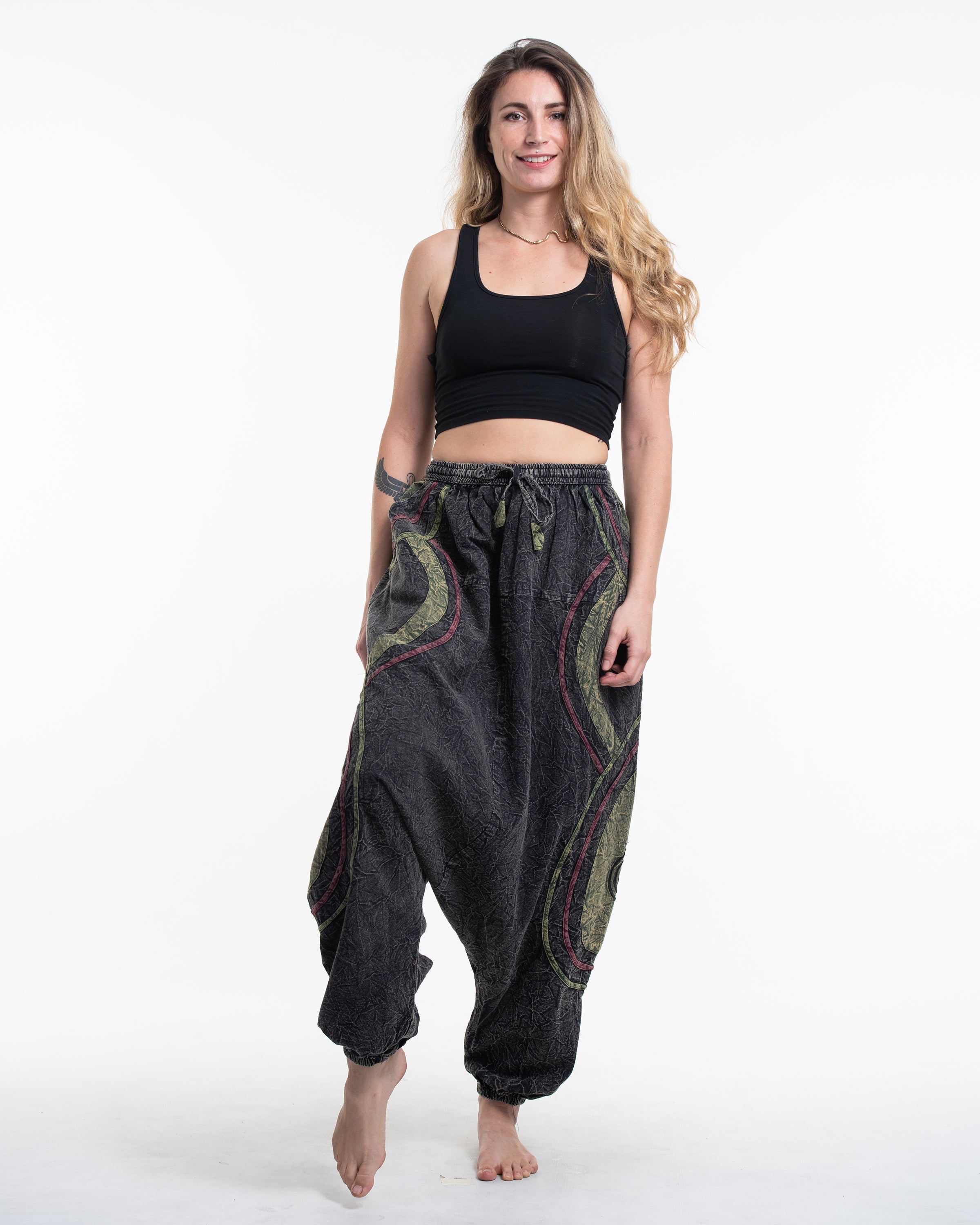 Women's Patchwork Stone Washed Low Cut Cotton Pants in Black 01