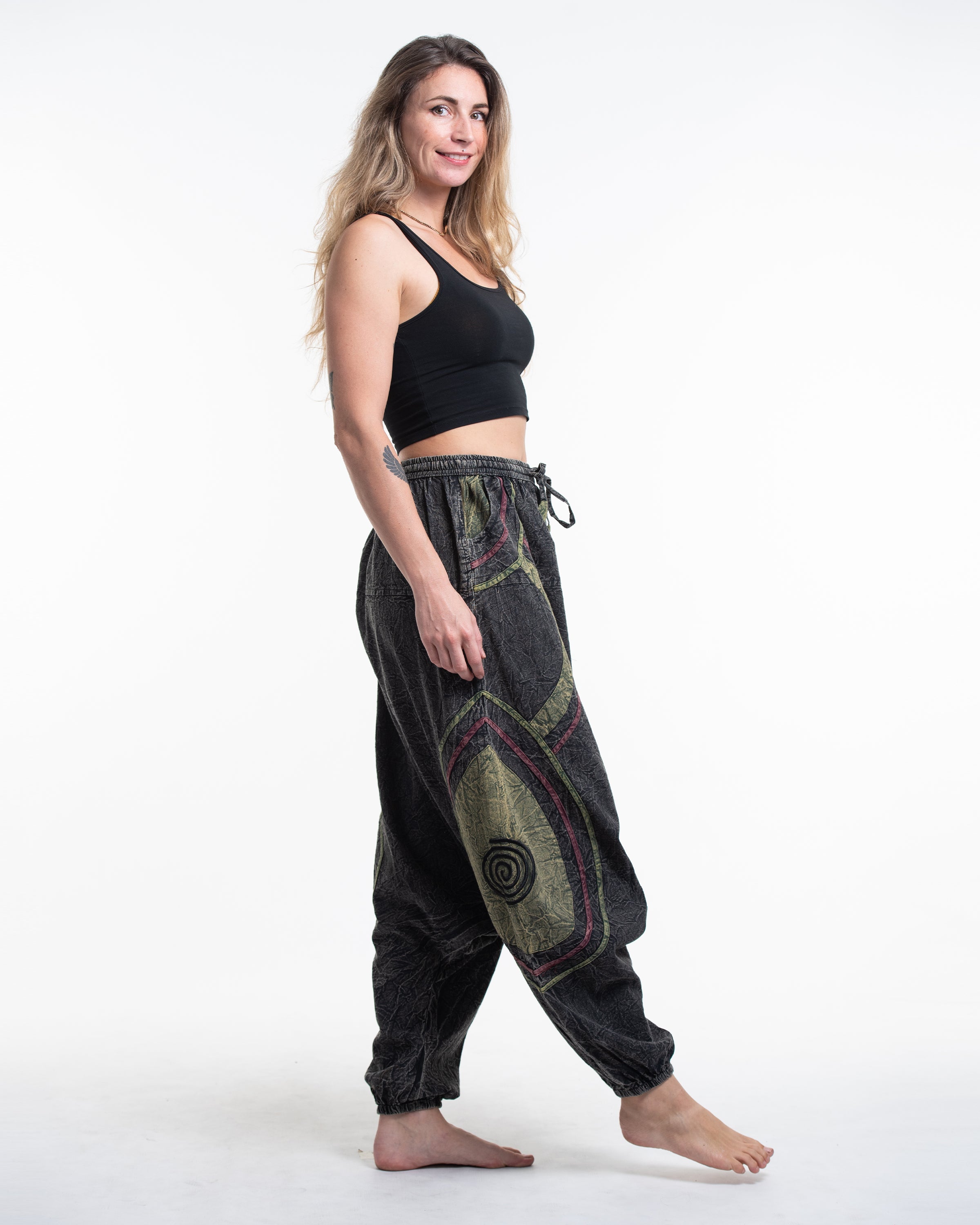 Women's Patchwork Stone Washed Low Cut Cotton Pants in Black 01