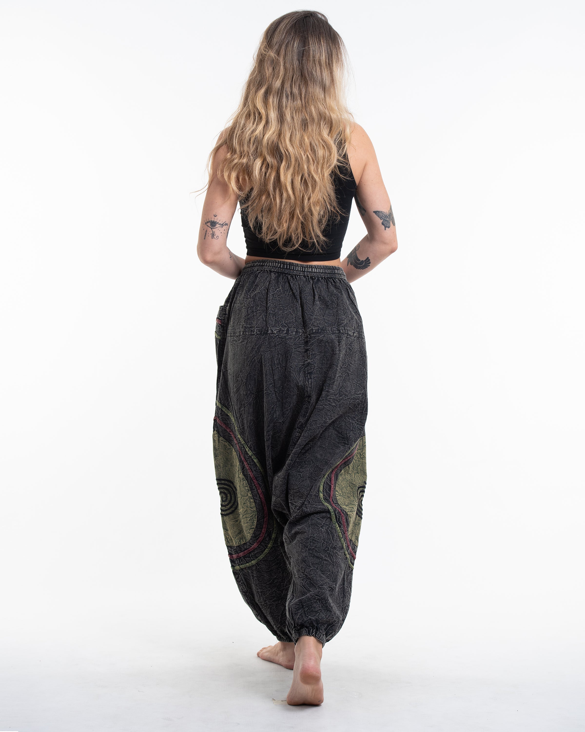 Women's Patchwork Stone Washed Low Cut Cotton Pants in Black 01