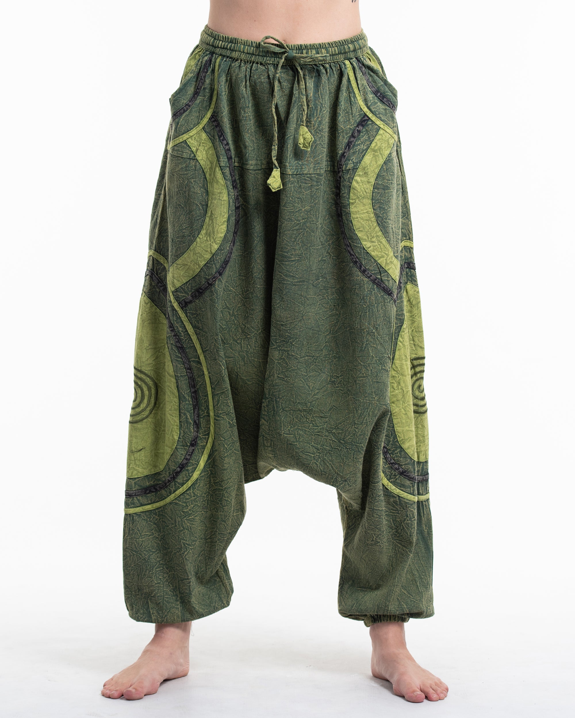 Women's Patchwork Stone Washed Low Cut Cotton Pants in Green 01