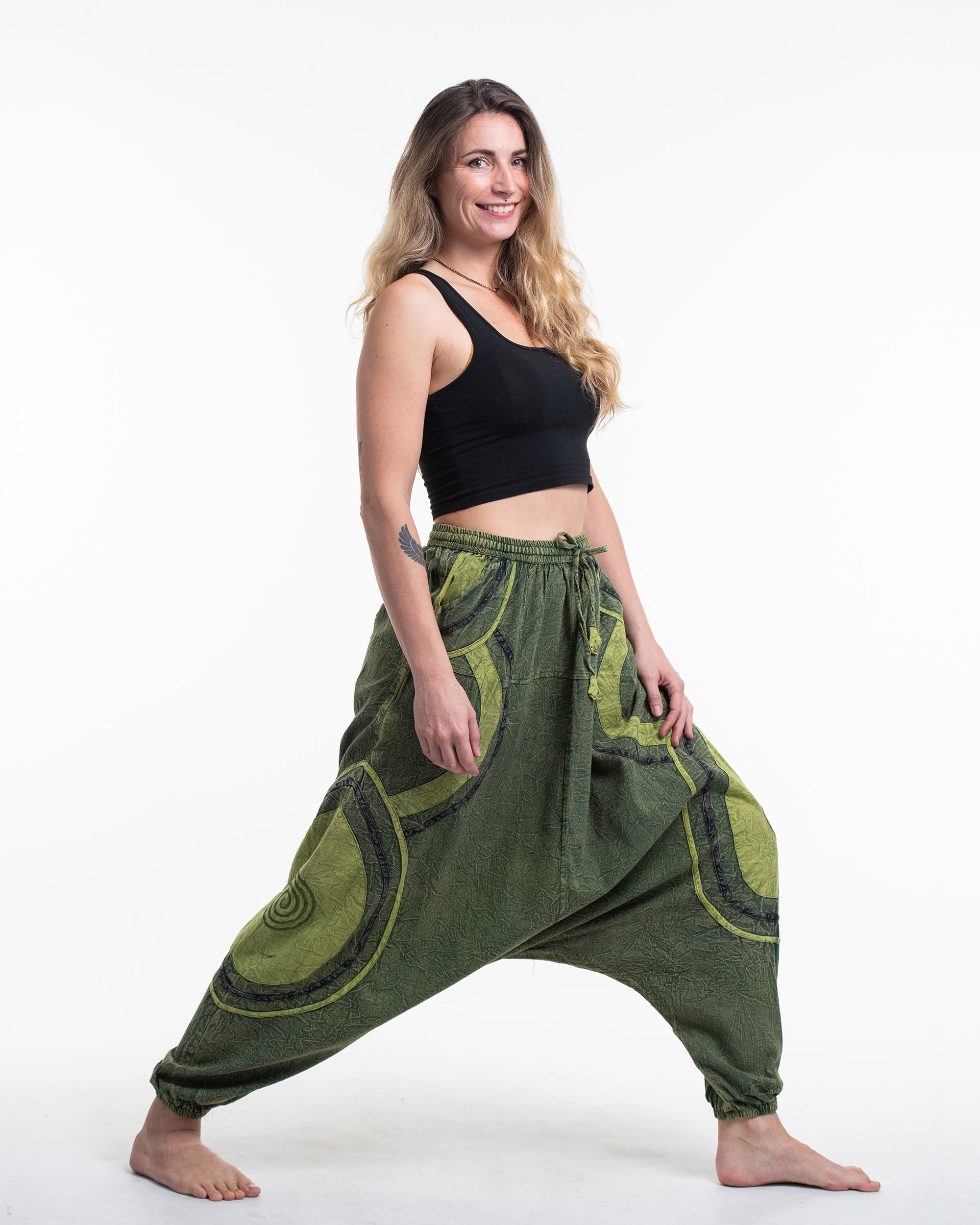 Women's Patchwork Stone Washed Low Cut Cotton Pants in Green 01