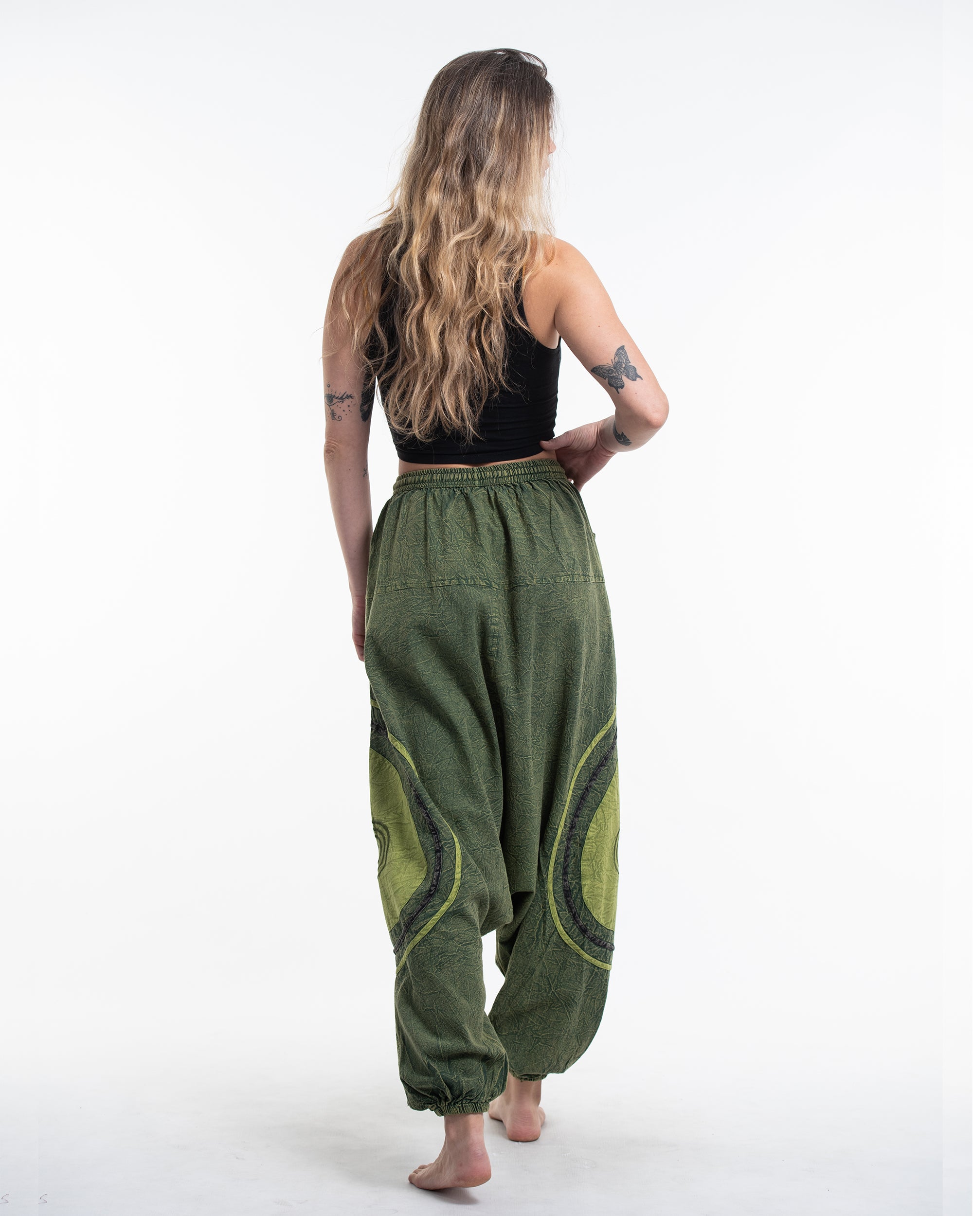 Women's Patchwork Stone Washed Low Cut Cotton Pants in Green 01