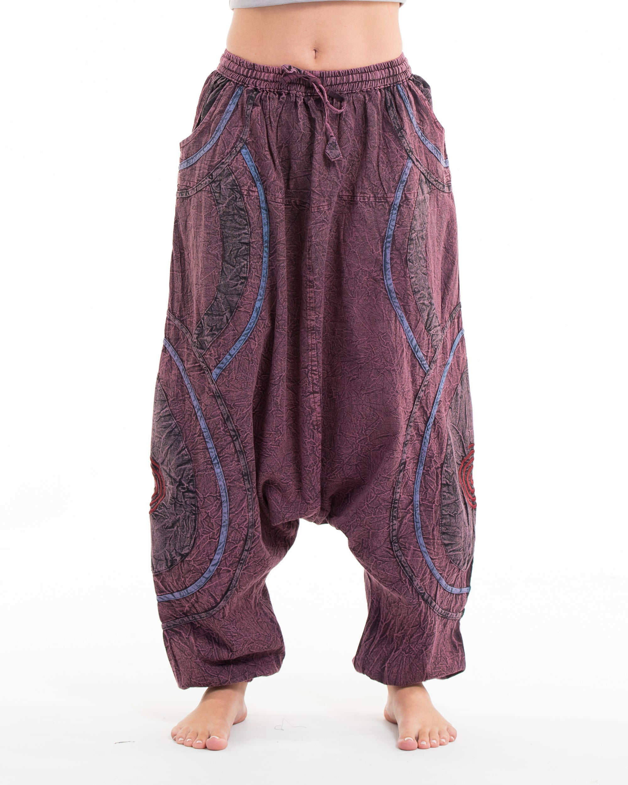 Women's Patchwork Stone Washed Low Cut Cotton Pants in Maroon 01