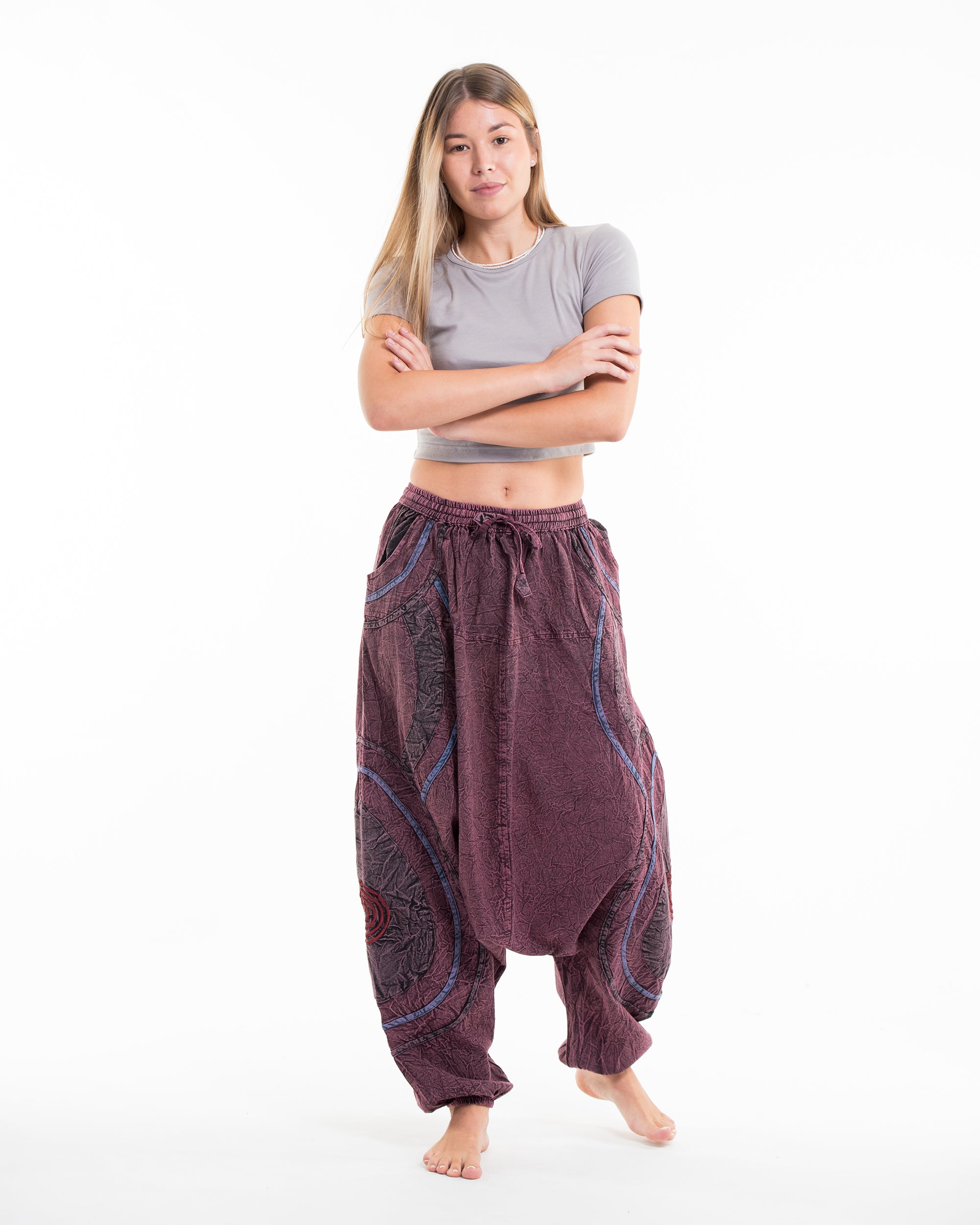 Women's Patchwork Stone Washed Low Cut Cotton Pants in Maroon 01
