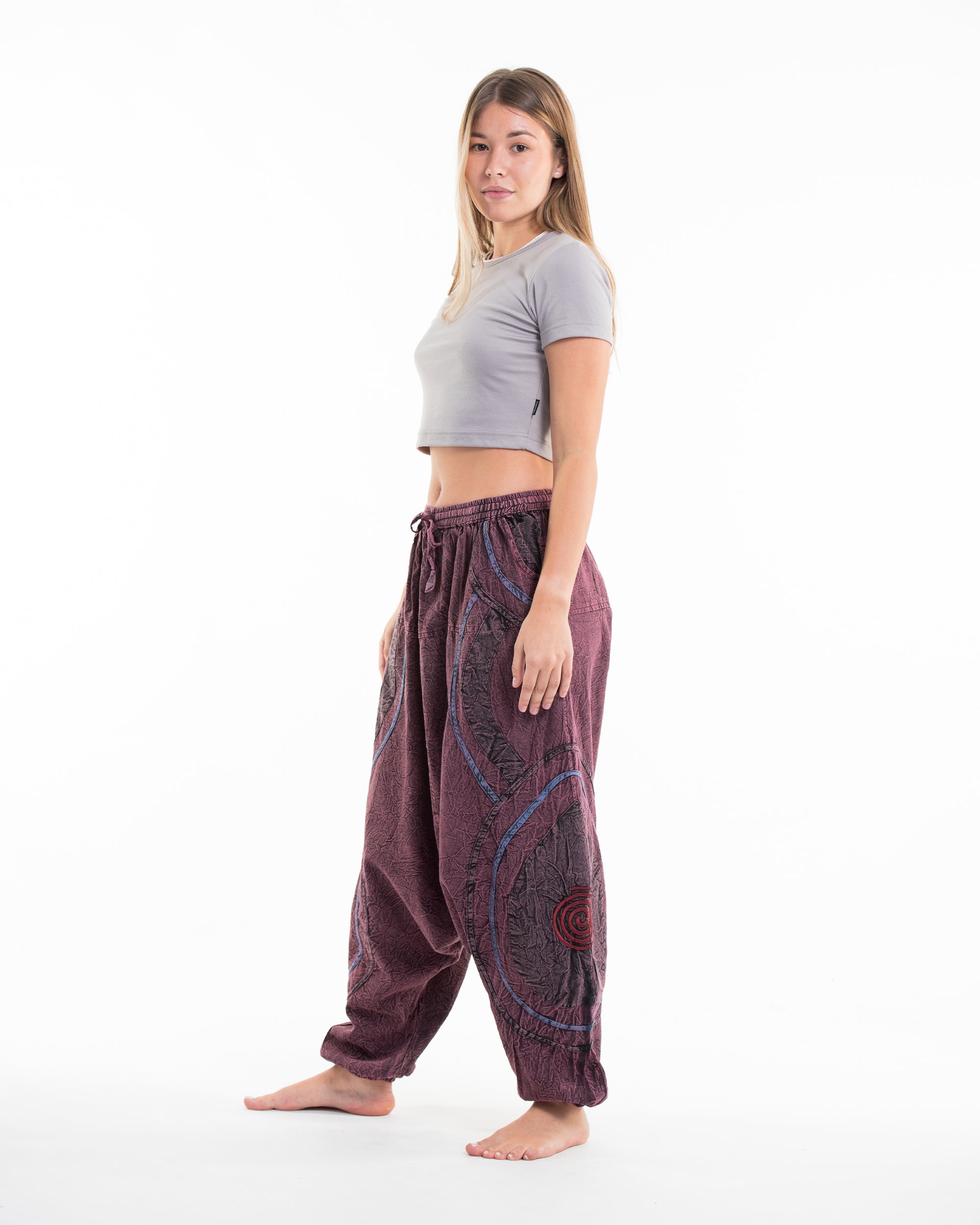 Women's Patchwork Stone Washed Low Cut Cotton Pants in Maroon 01