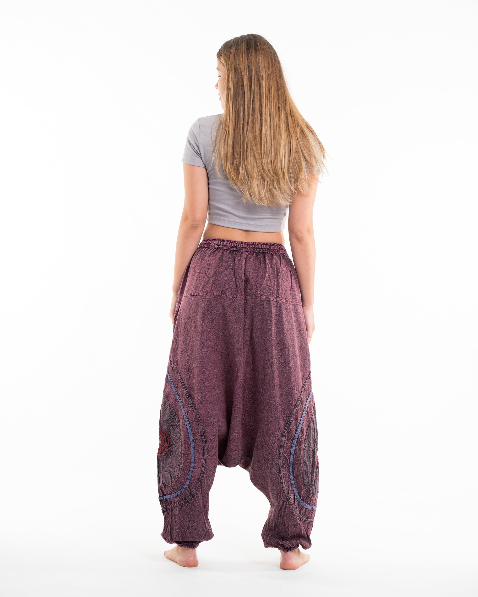 Women's Patchwork Stone Washed Low Cut Cotton Pants in Maroon 01