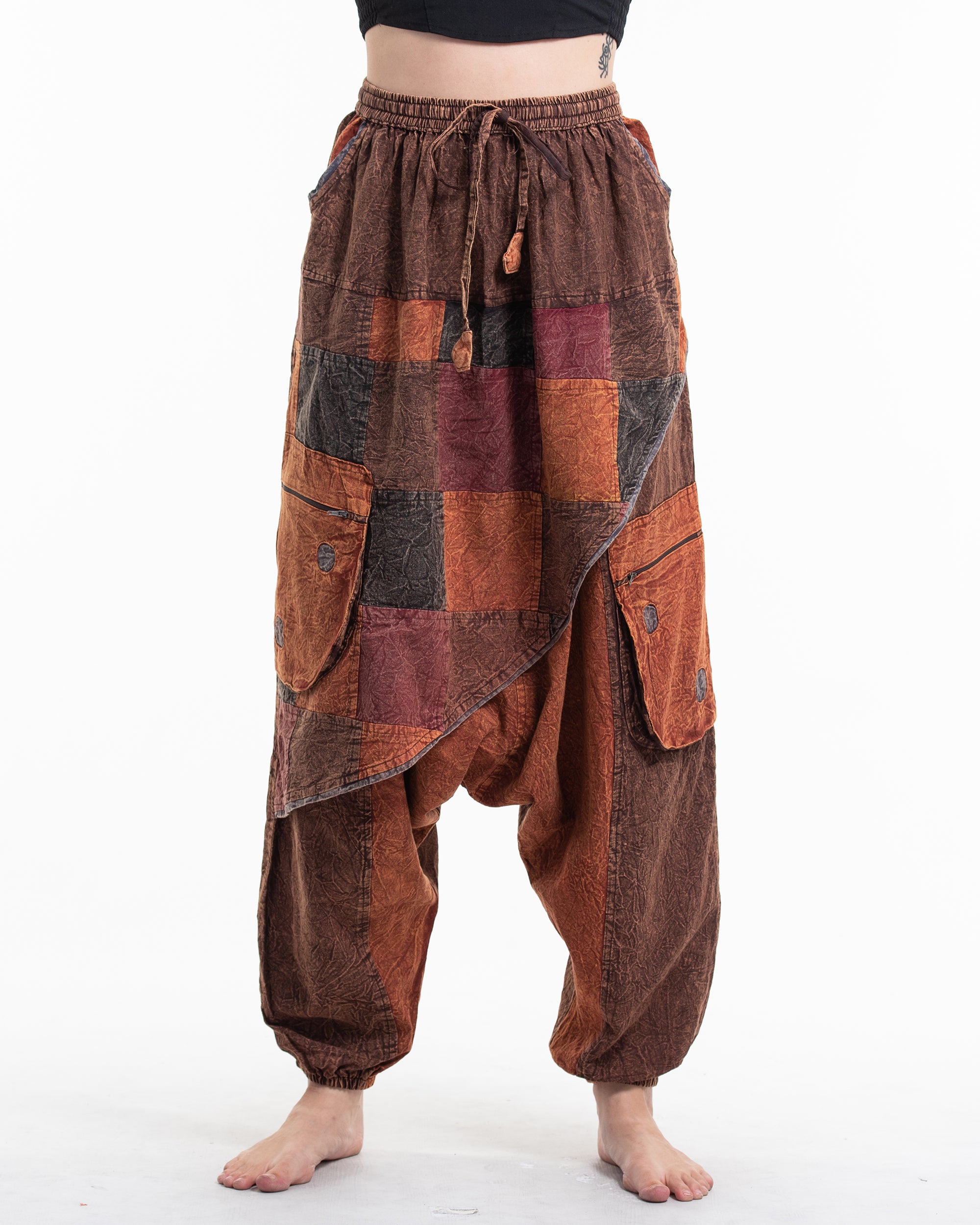 Women's Patchwork Stone Washed Low Cut Cotton Pants in Brown 02