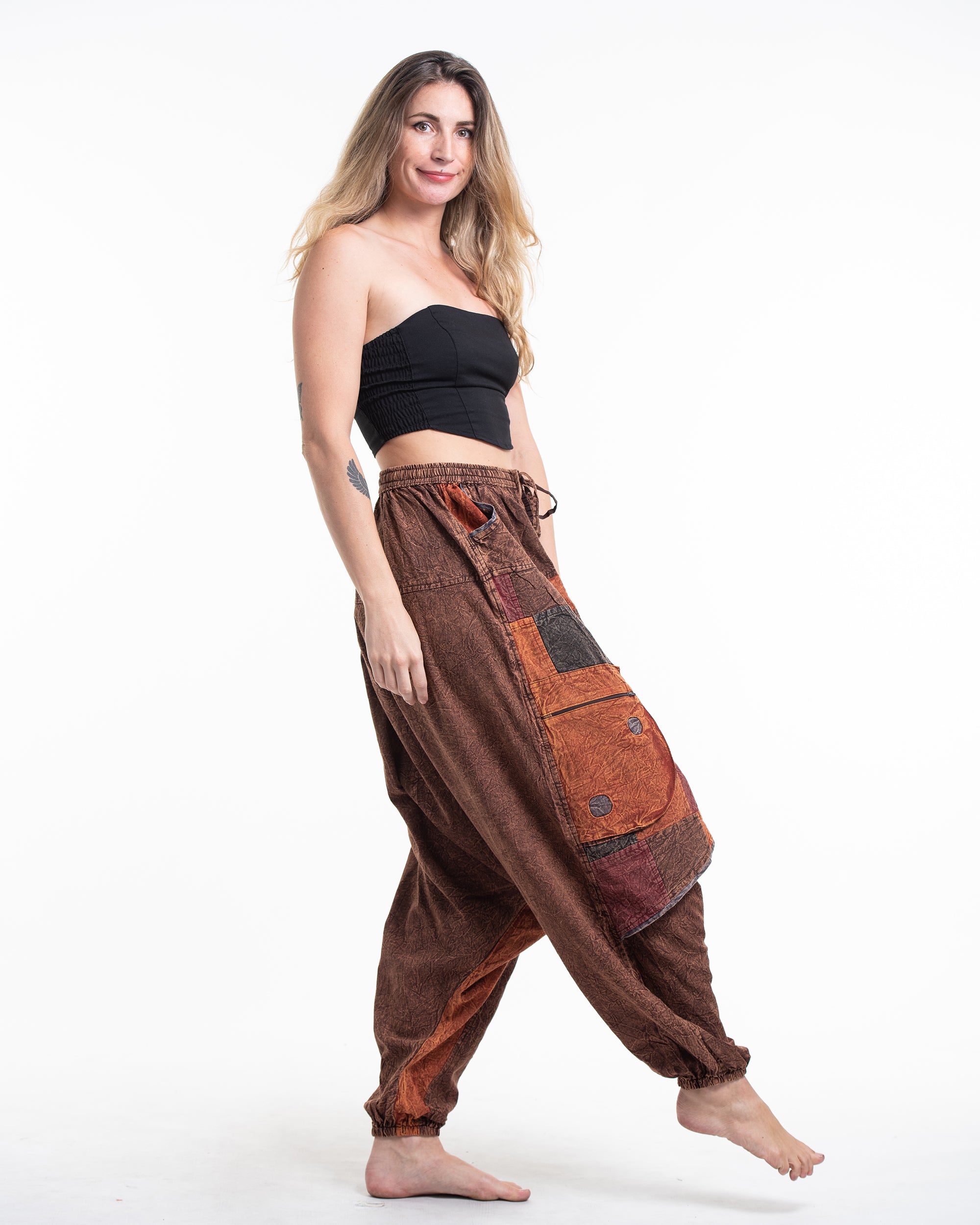 Women's Patchwork Stone Washed Low Cut Cotton Pants in Brown 02