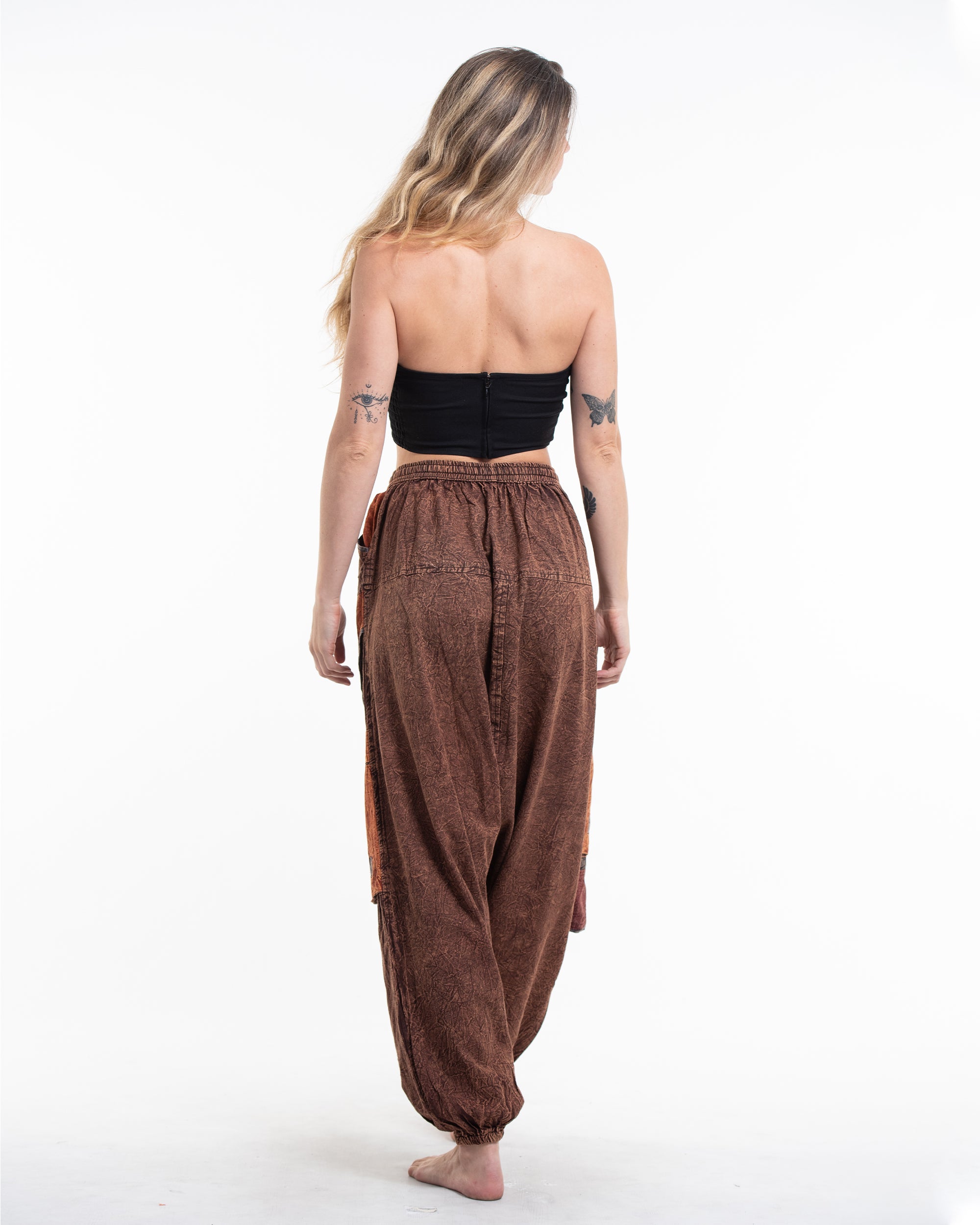 Women's Patchwork Stone Washed Low Cut Cotton Pants in Brown 02