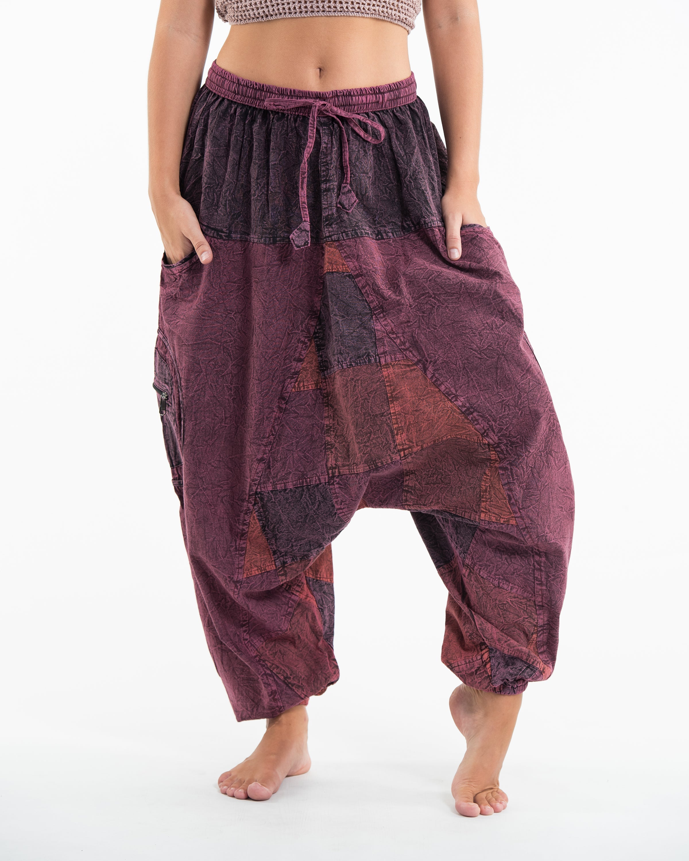 Mens Patchwork Stone Washed Low Cut Cotton Pants in Maroon 03