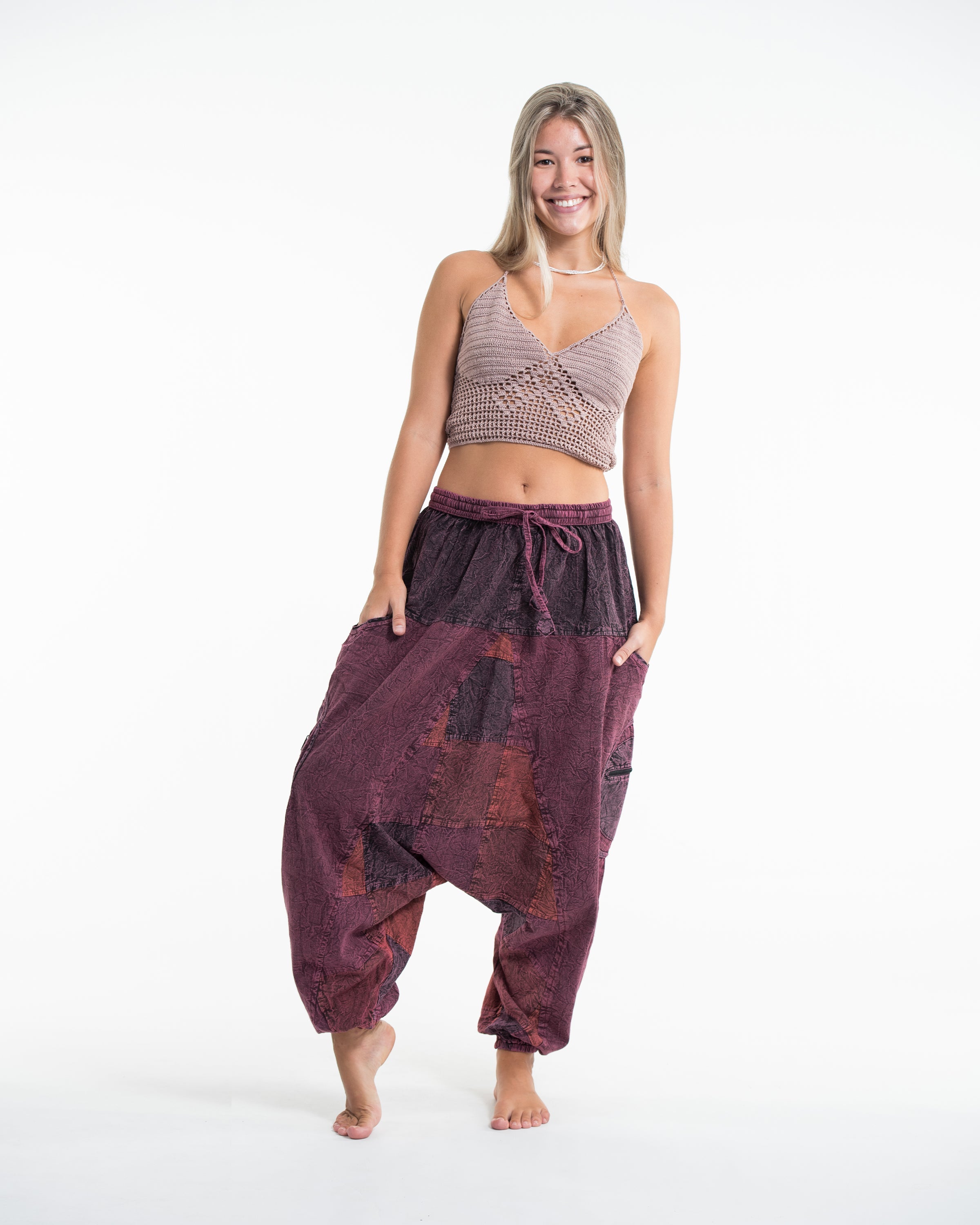 Womens Patchwork Stone Washed Low Cut Cotton Pants in Maroon 03