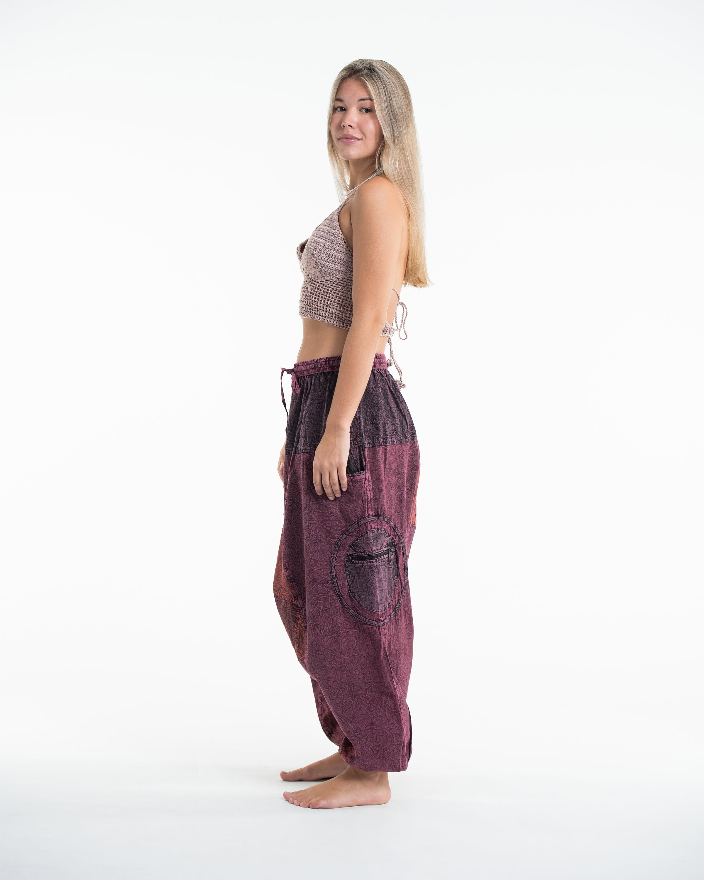 Womens Patchwork Stone Washed Low Cut Cotton Pants in Maroon 03
