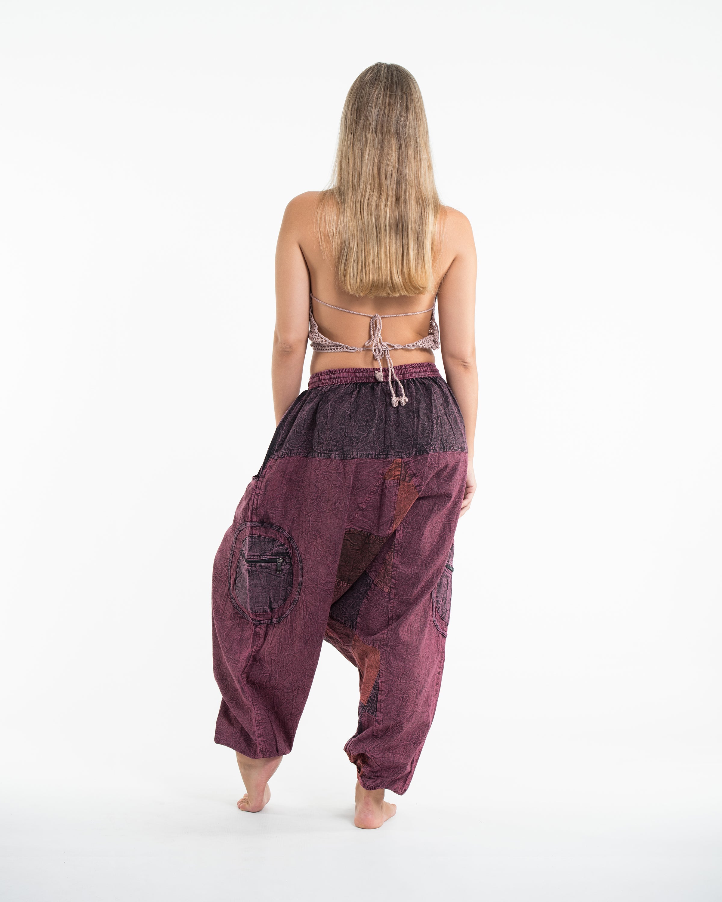 Mens Patchwork Stone Washed Low Cut Cotton Pants in Maroon 03