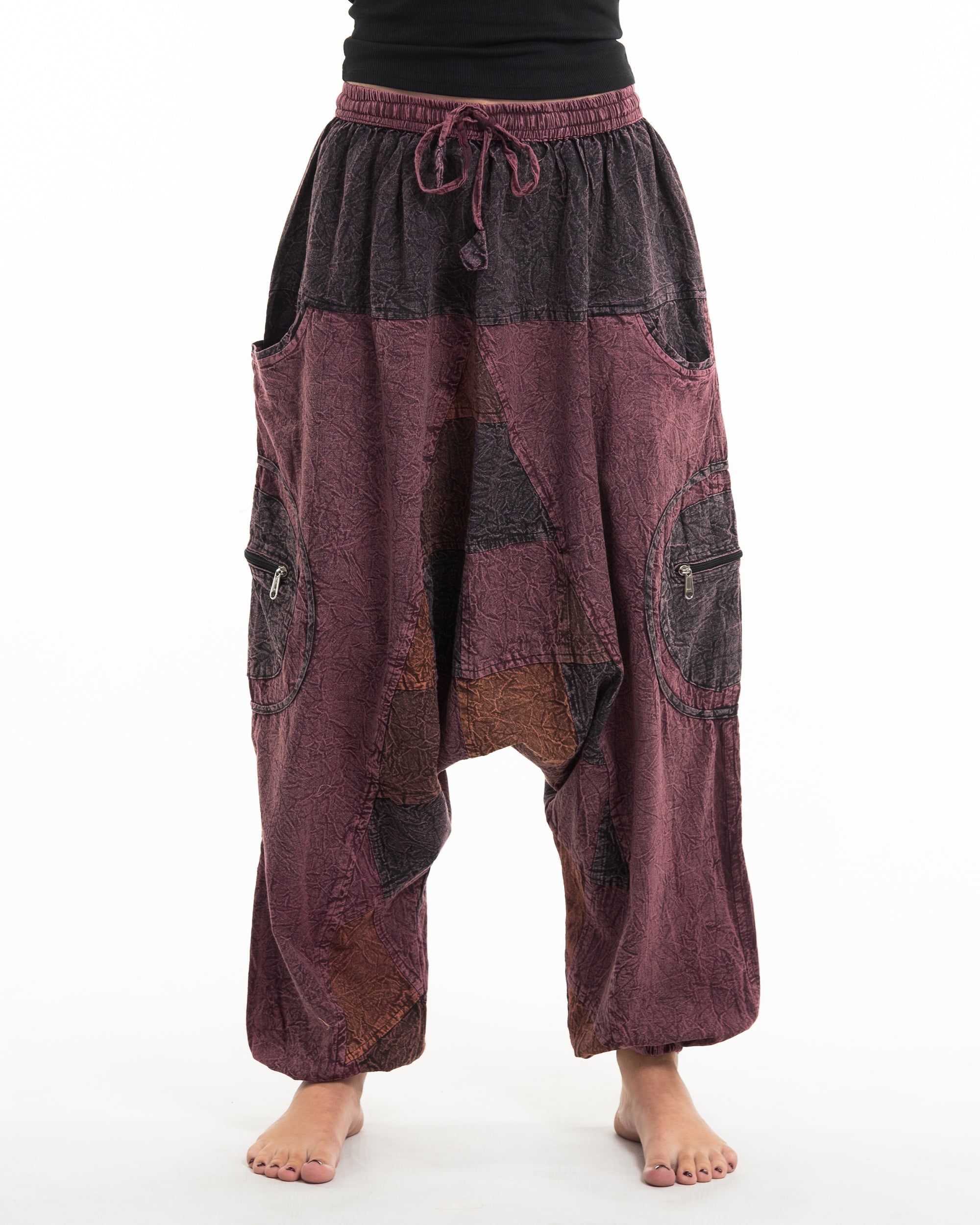 Womens Patchwork Stone Washed Low Cut Cotton Pants in Red 03