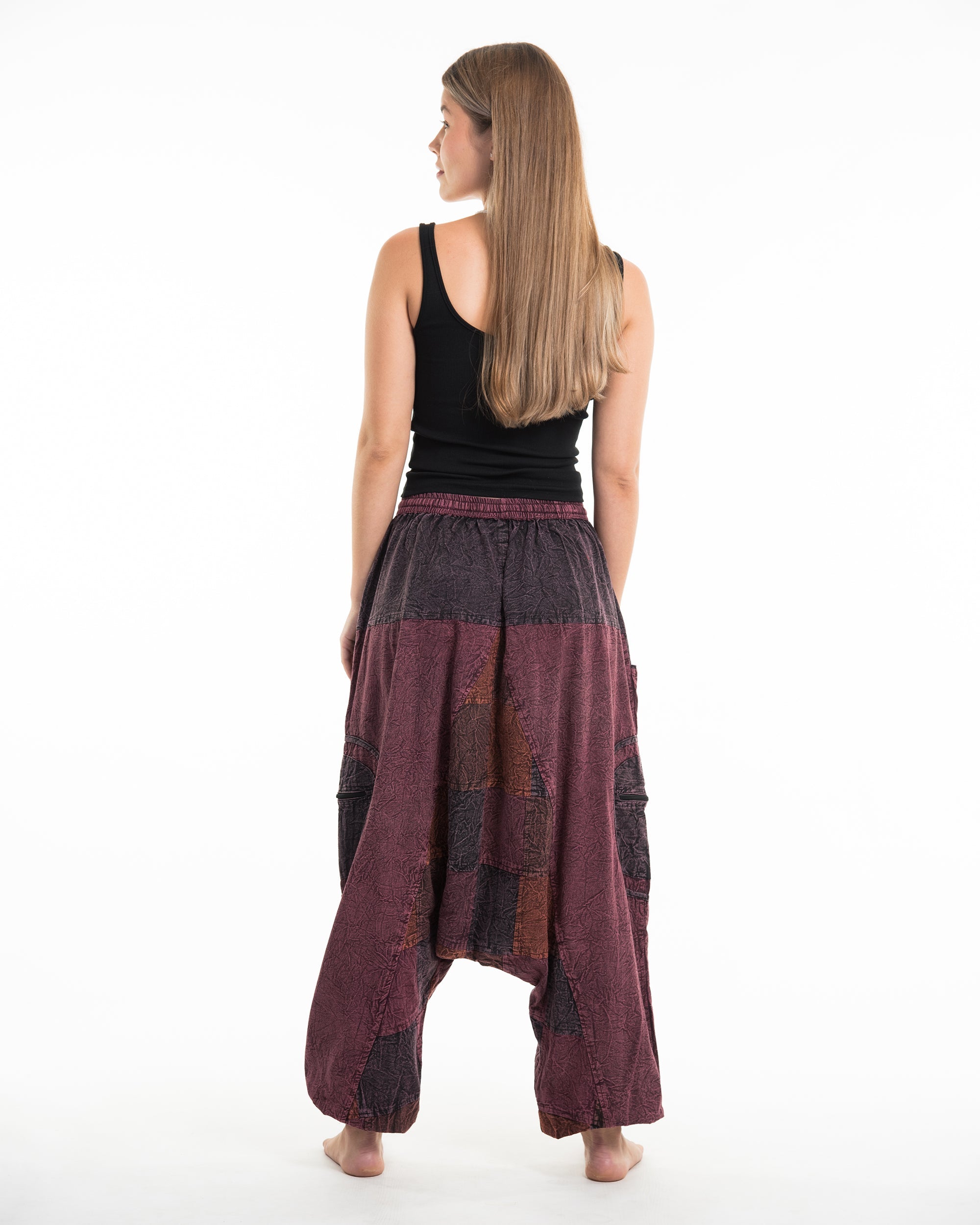 Womens Patchwork Stone Washed Low Cut Cotton Pants in Red 03