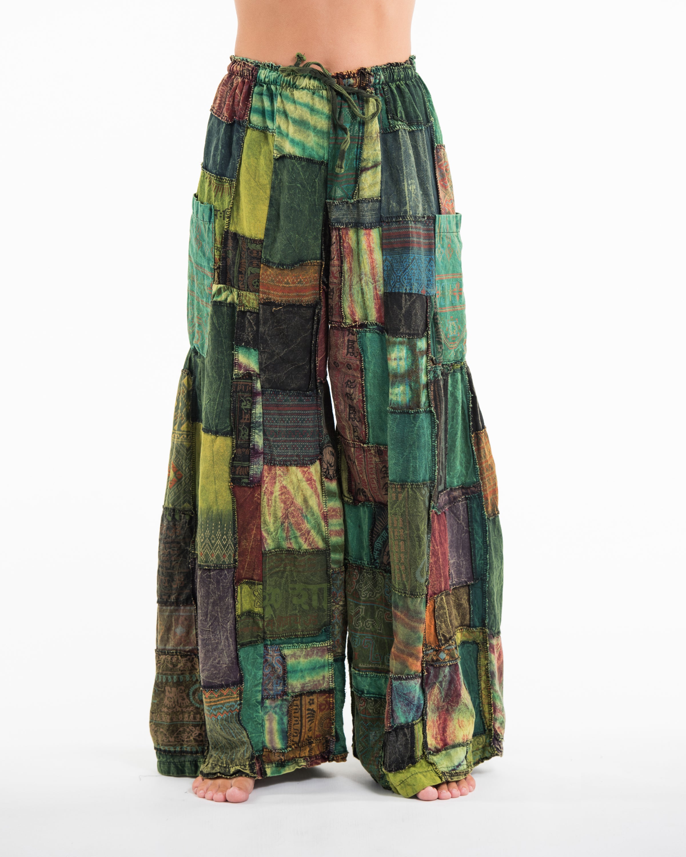 Women's Patchwork Stone Washed Wide Leg Cotton Pants in Dawn