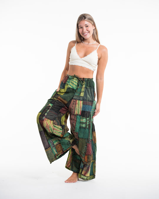 Women's Patchwork Stone Washed Wide Leg Cotton Pants in Dawn