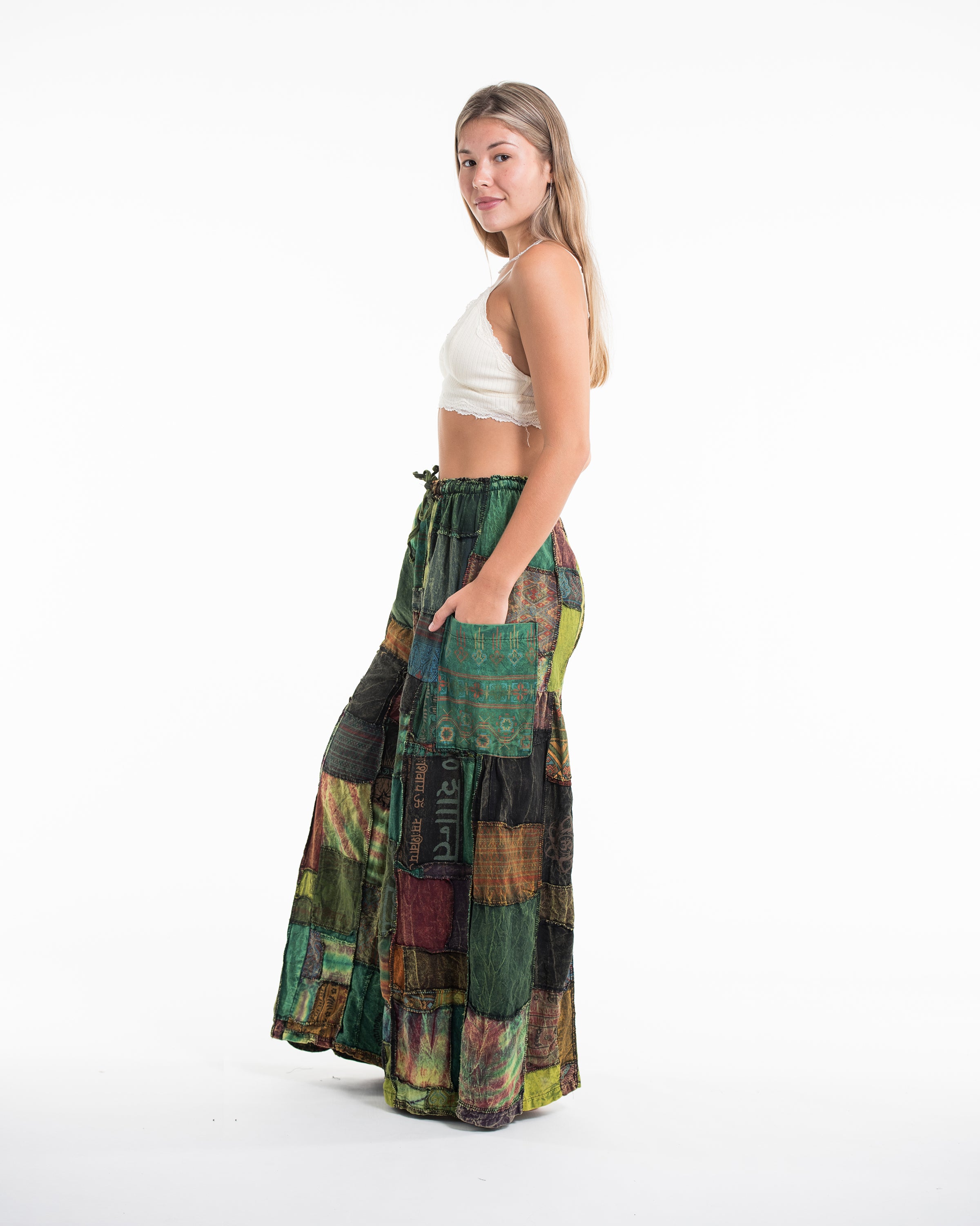 Women's Patchwork Stone Washed Wide Leg Cotton Pants in Dawn
