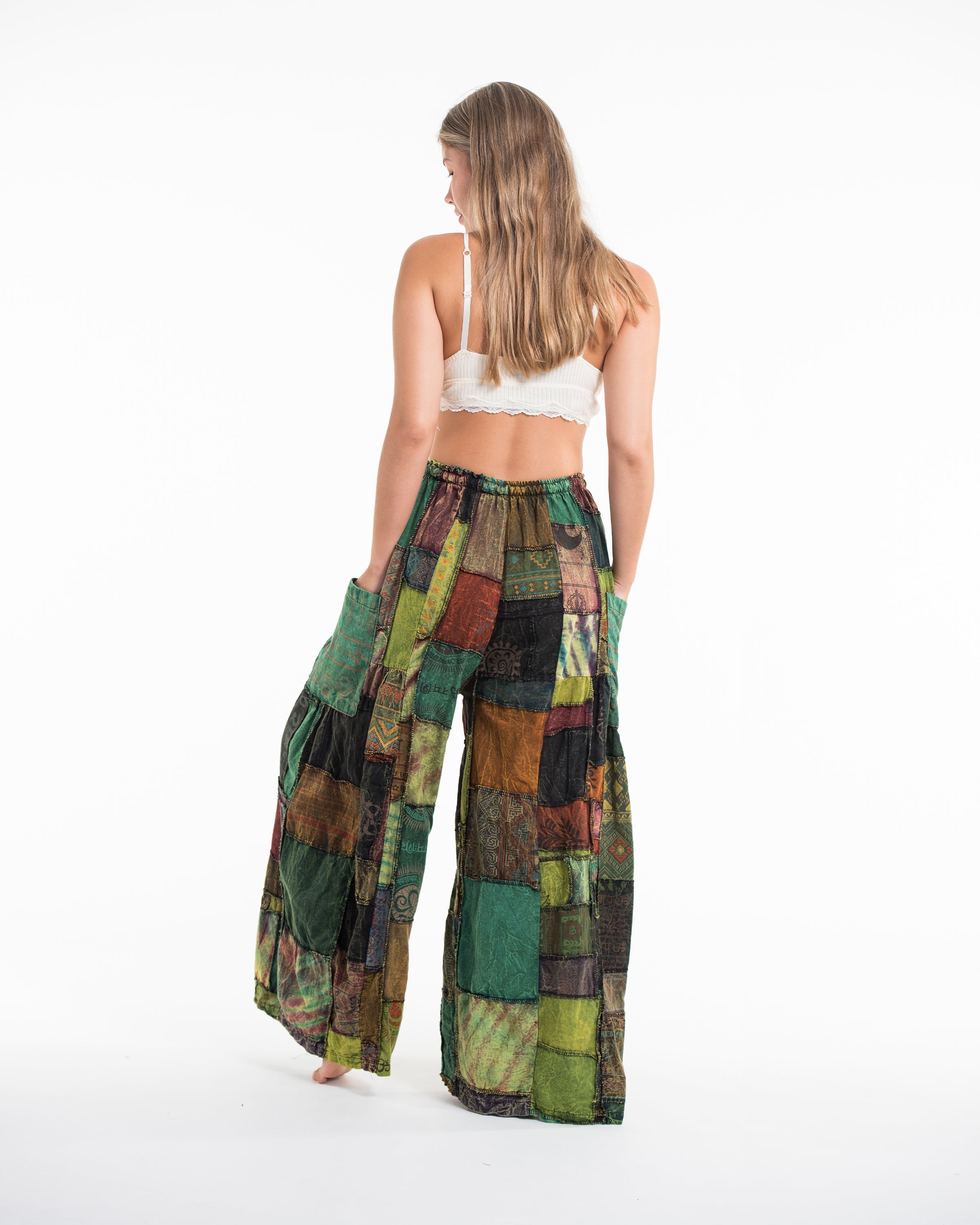 Women's Patchwork Stone Washed Wide Leg Cotton Pants in Dawn