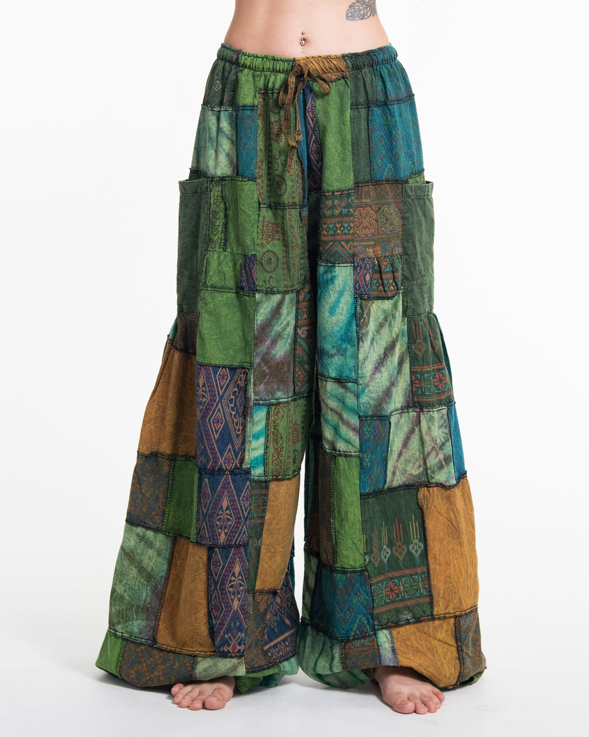 Women's Patchwork Stone Washed Wide Leg Cotton Pants in Dawn