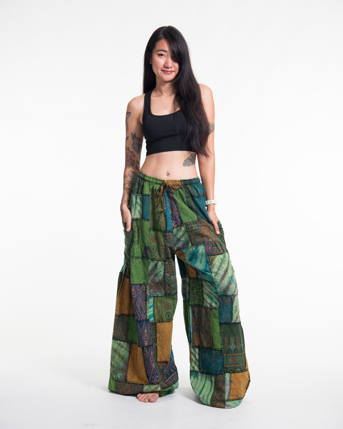 Women's Patchwork Stone Washed Wide Leg Cotton Pants in Dawn
