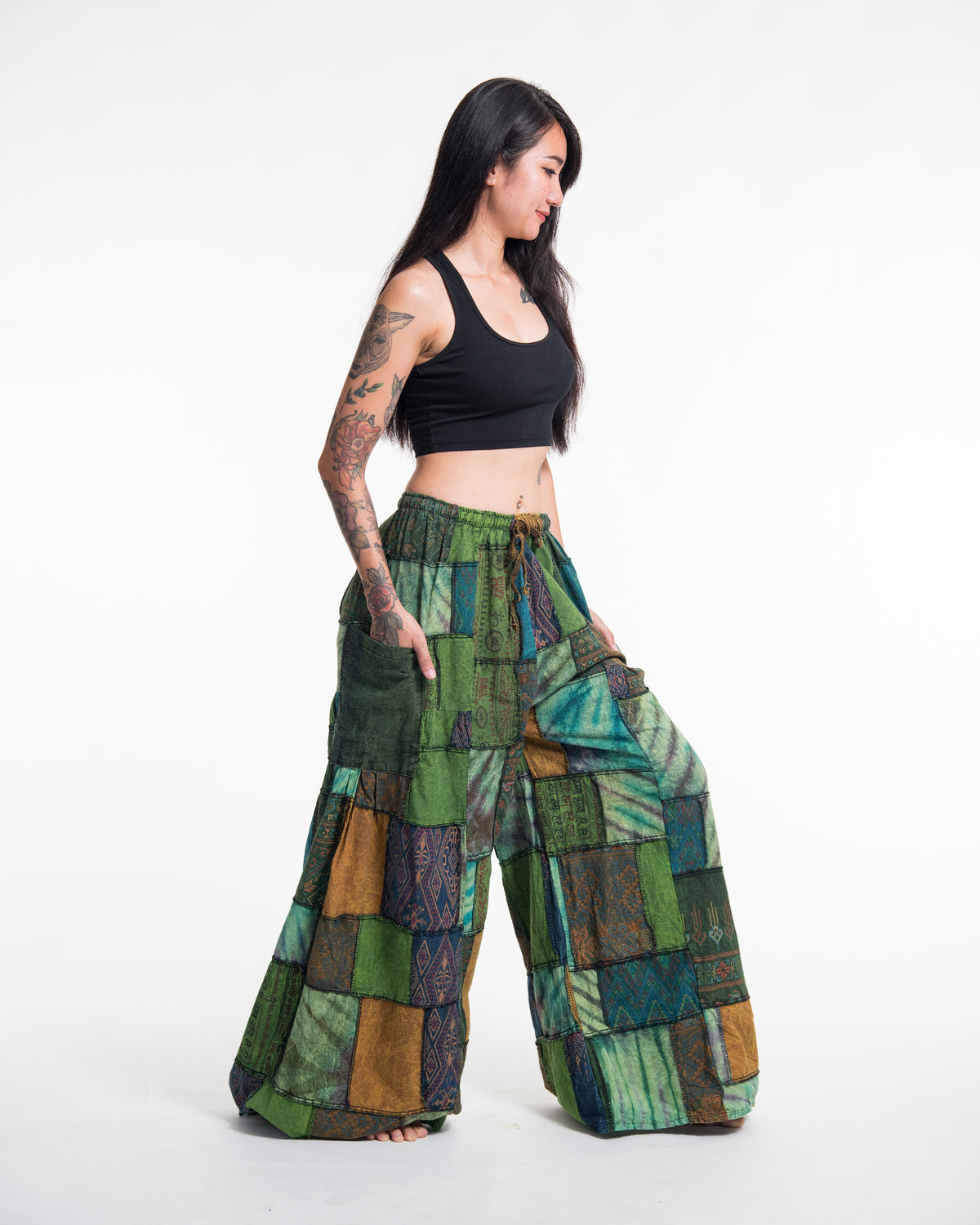 Women's Patchwork Stone Washed Wide Leg Cotton Pants in Dawn