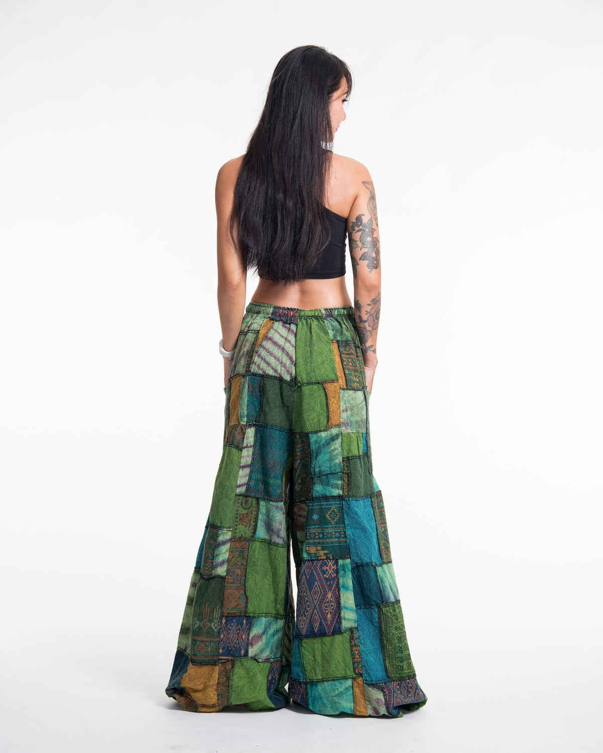 Women's Patchwork Stone Washed Wide Leg Cotton Pants in Dawn