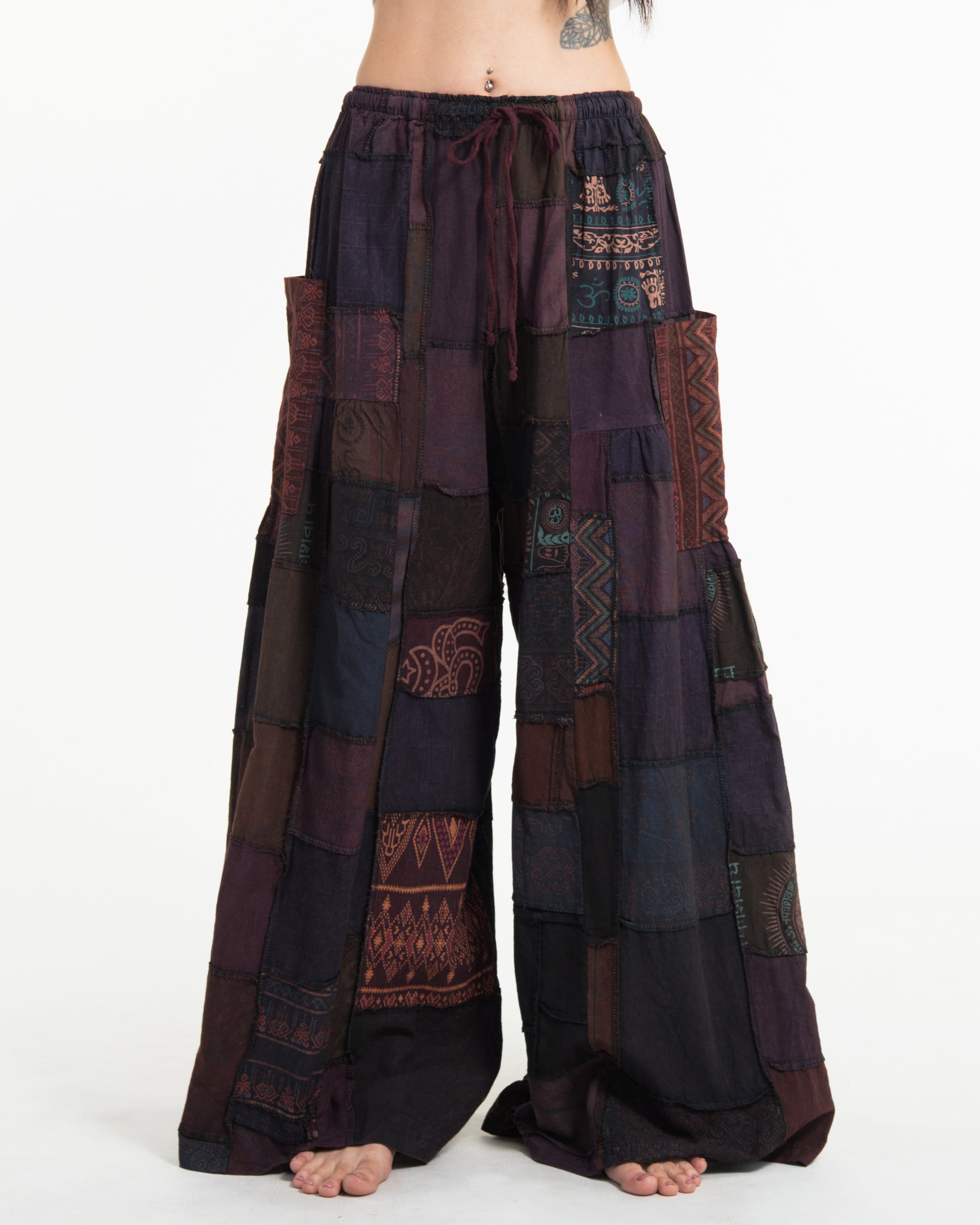 Women's Patchwork Stone Washed Wide Leg Cotton Pants in Dayfade