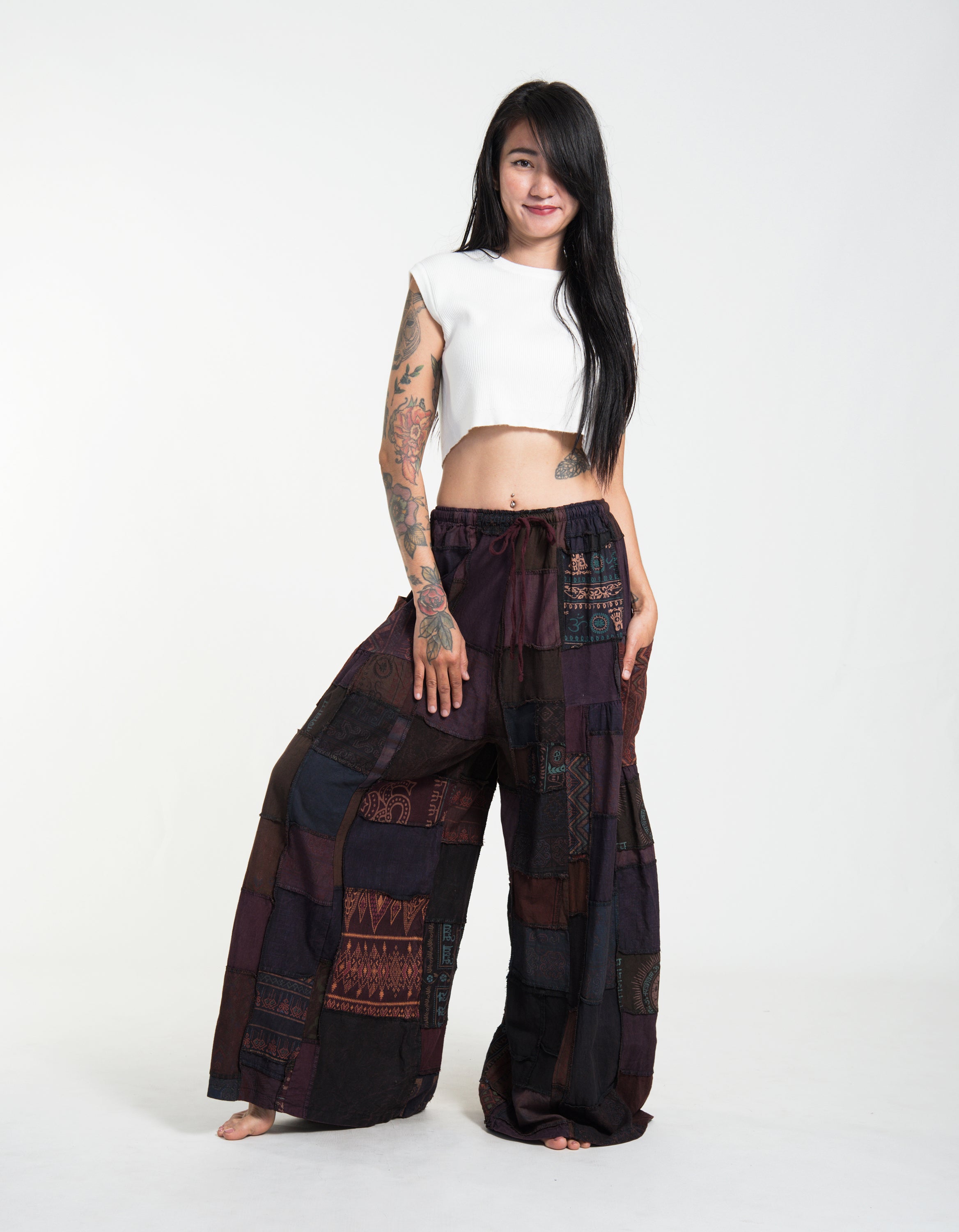 Women's Patchwork Stone Washed Wide Leg Cotton Pants in Dayfade