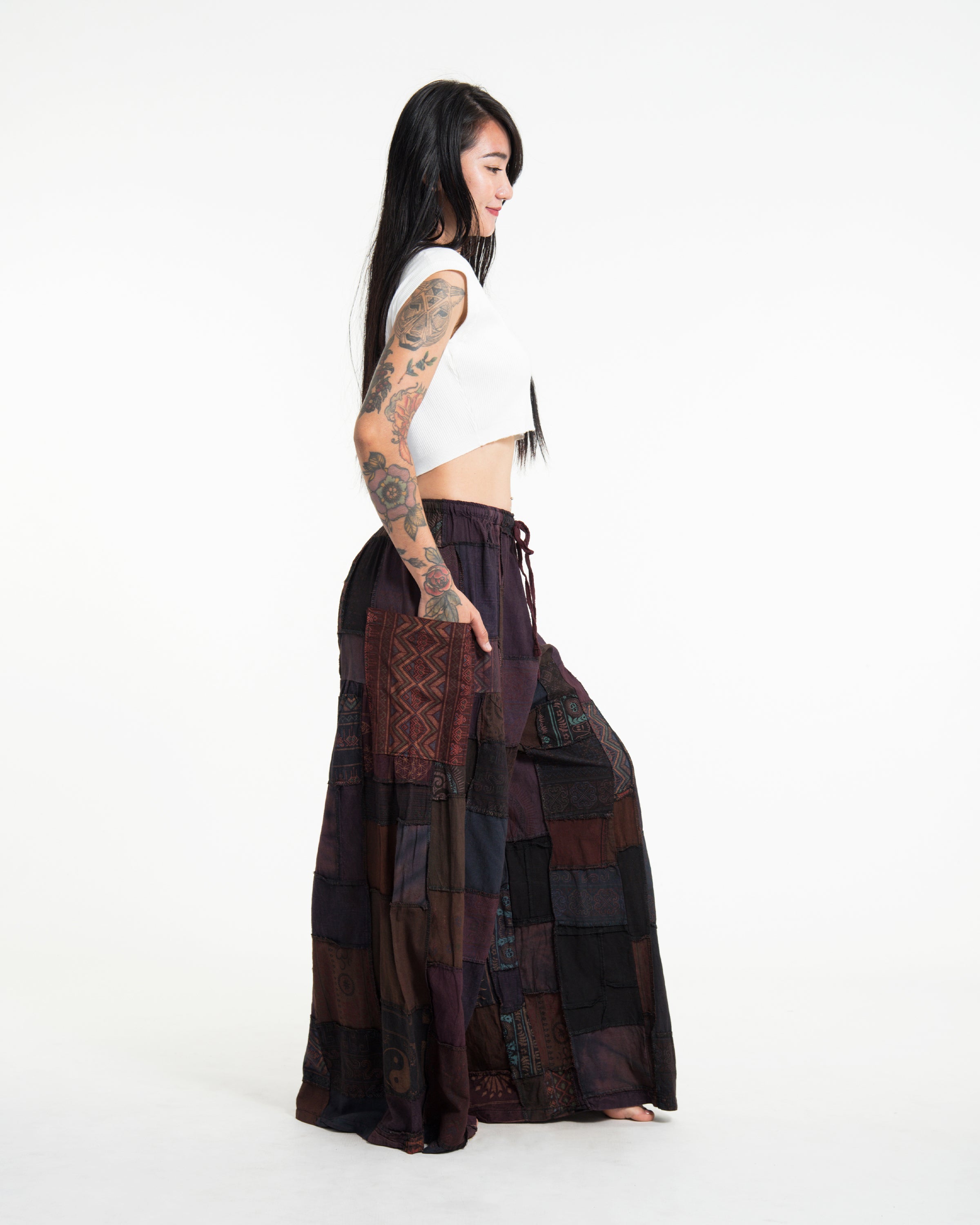 Women's Patchwork Stone Washed Wide Leg Cotton Pants in Dayfade