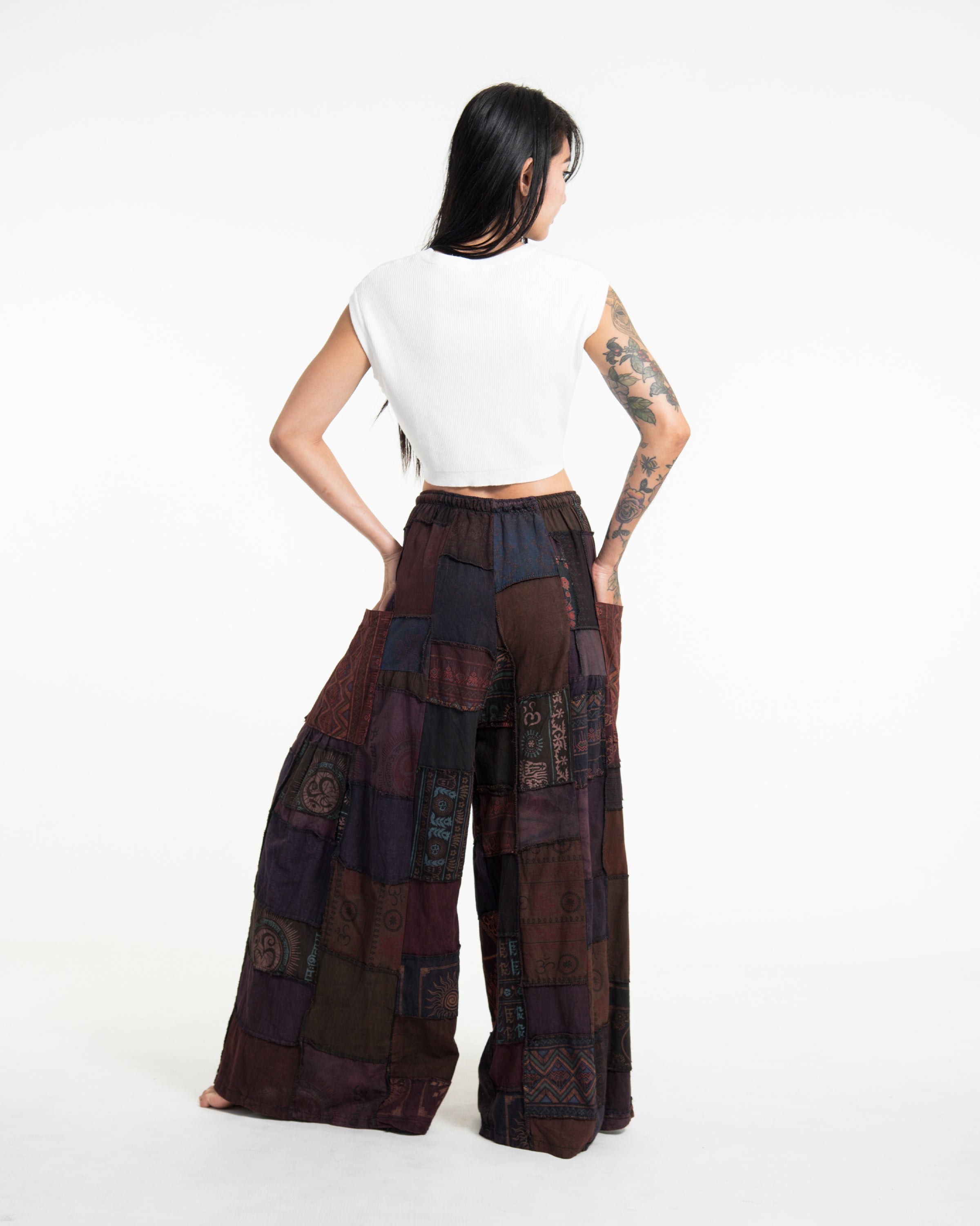 Women's Patchwork Stone Washed Wide Leg Cotton Pants in Dayfade