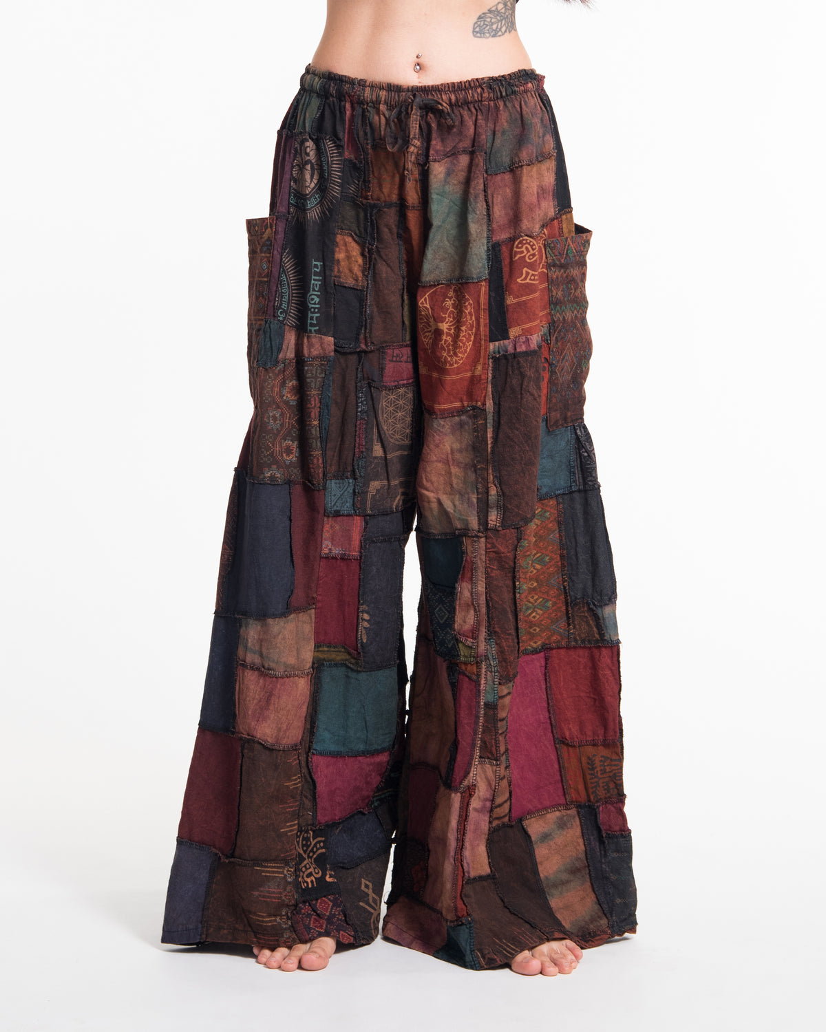 Women's Patchwork Stone Washed Wide Leg Cotton Pants in Darkfall