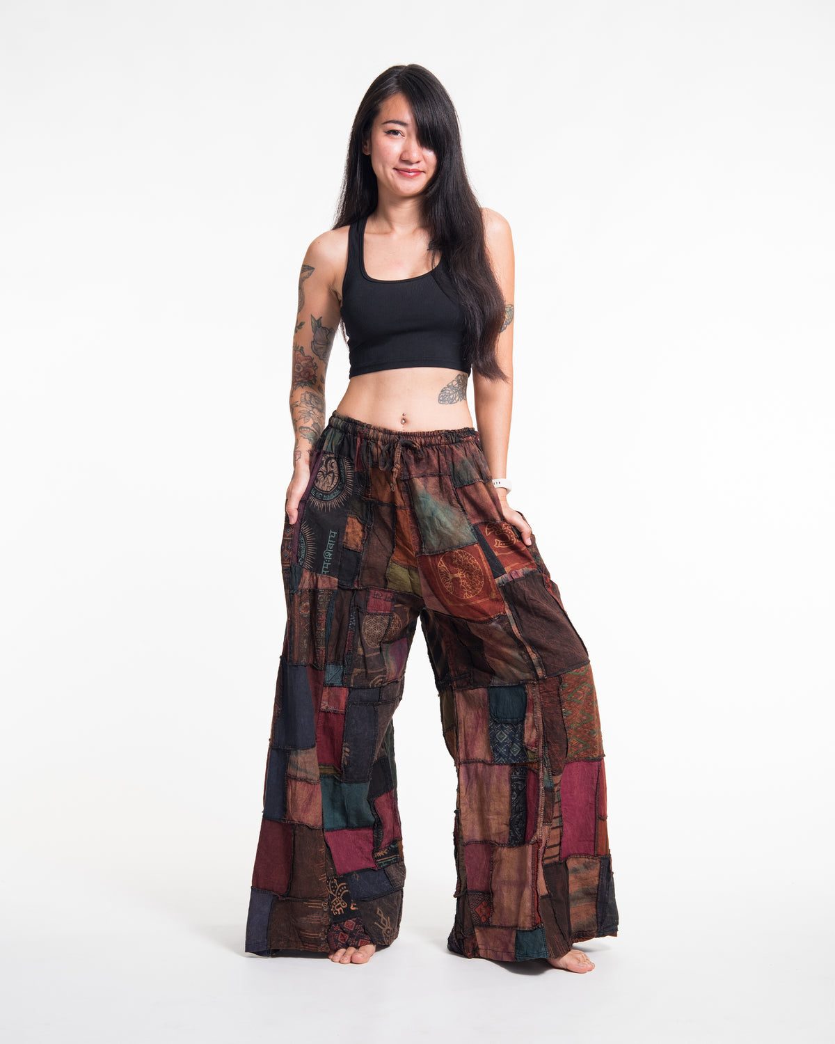 Women's Patchwork Stone Washed Wide Leg Cotton Pants in Darkfall