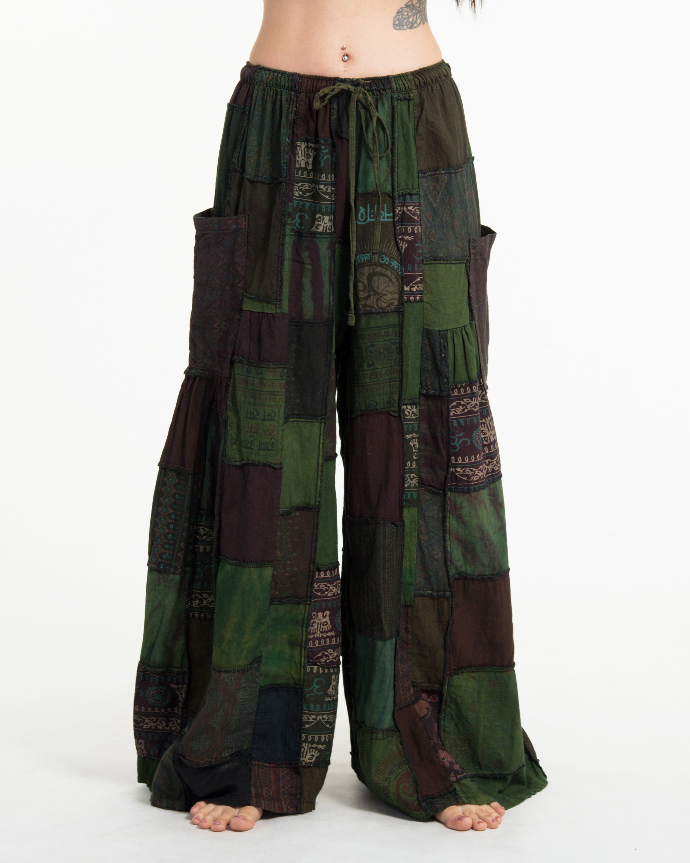 Women's Patchwork Stone Washed Wide Leg Cotton Pants in Dew