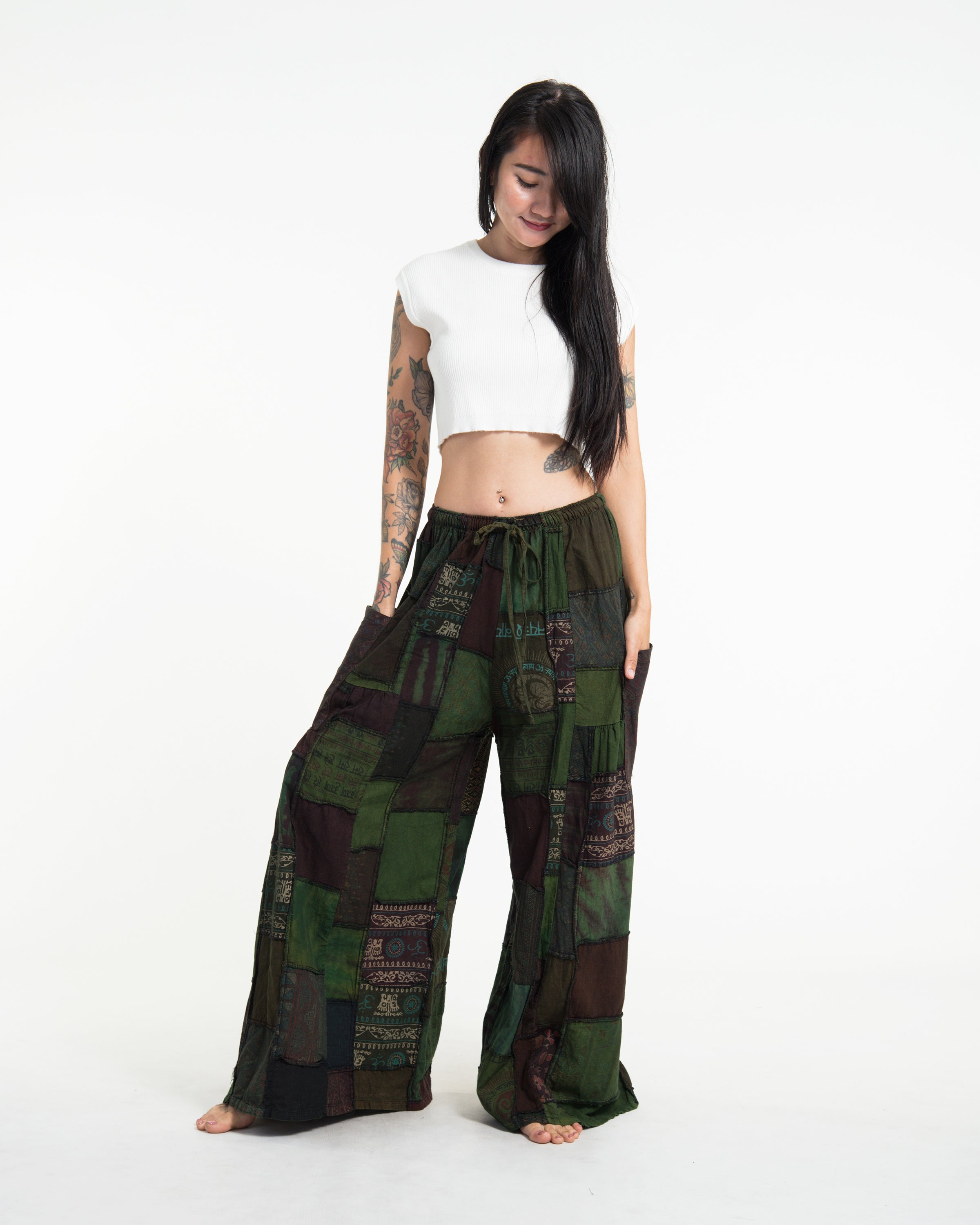 Women's Patchwork Stone Washed Wide Leg Cotton Pants in Dew