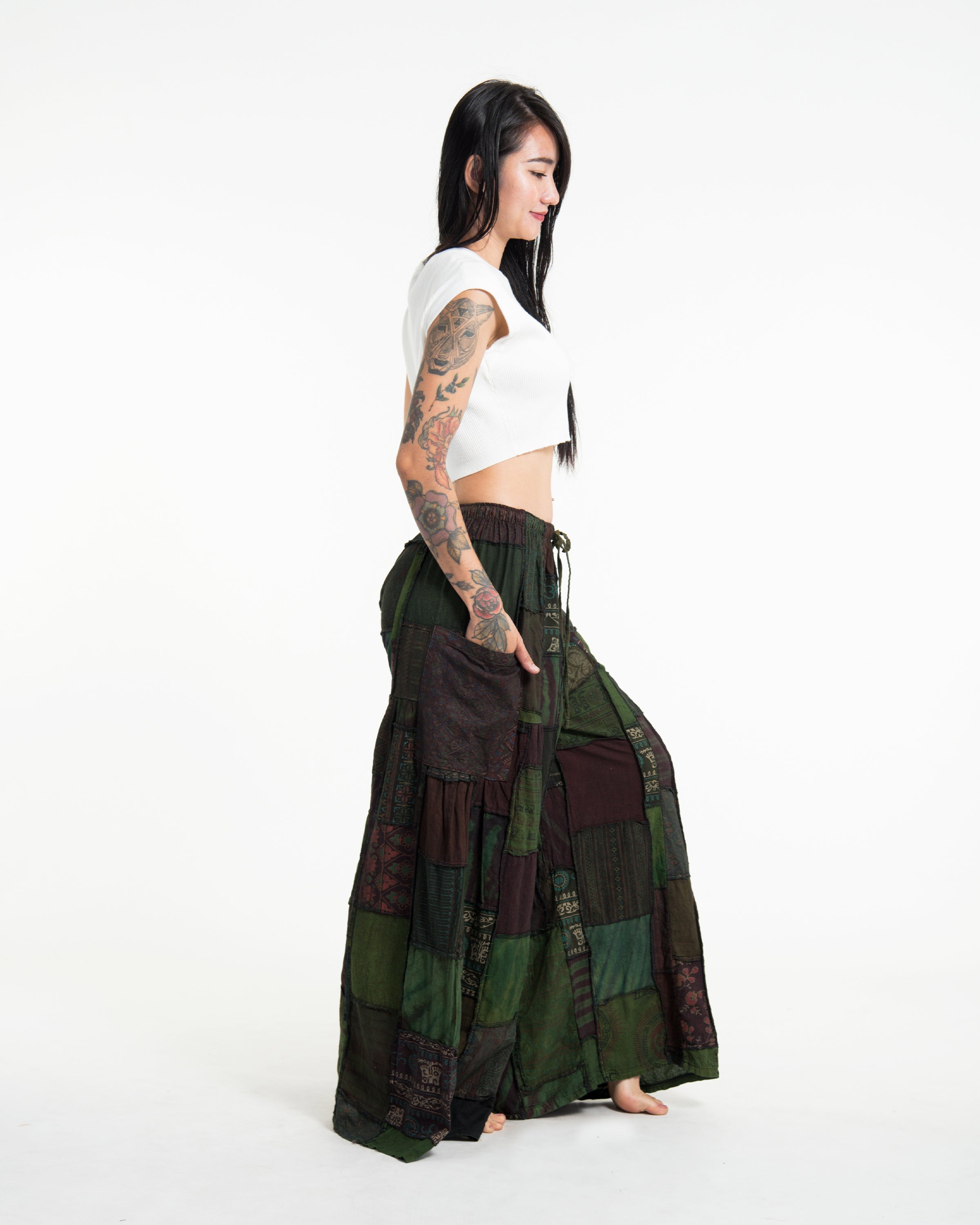 Women's Patchwork Stone Washed Wide Leg Cotton Pants in Dew