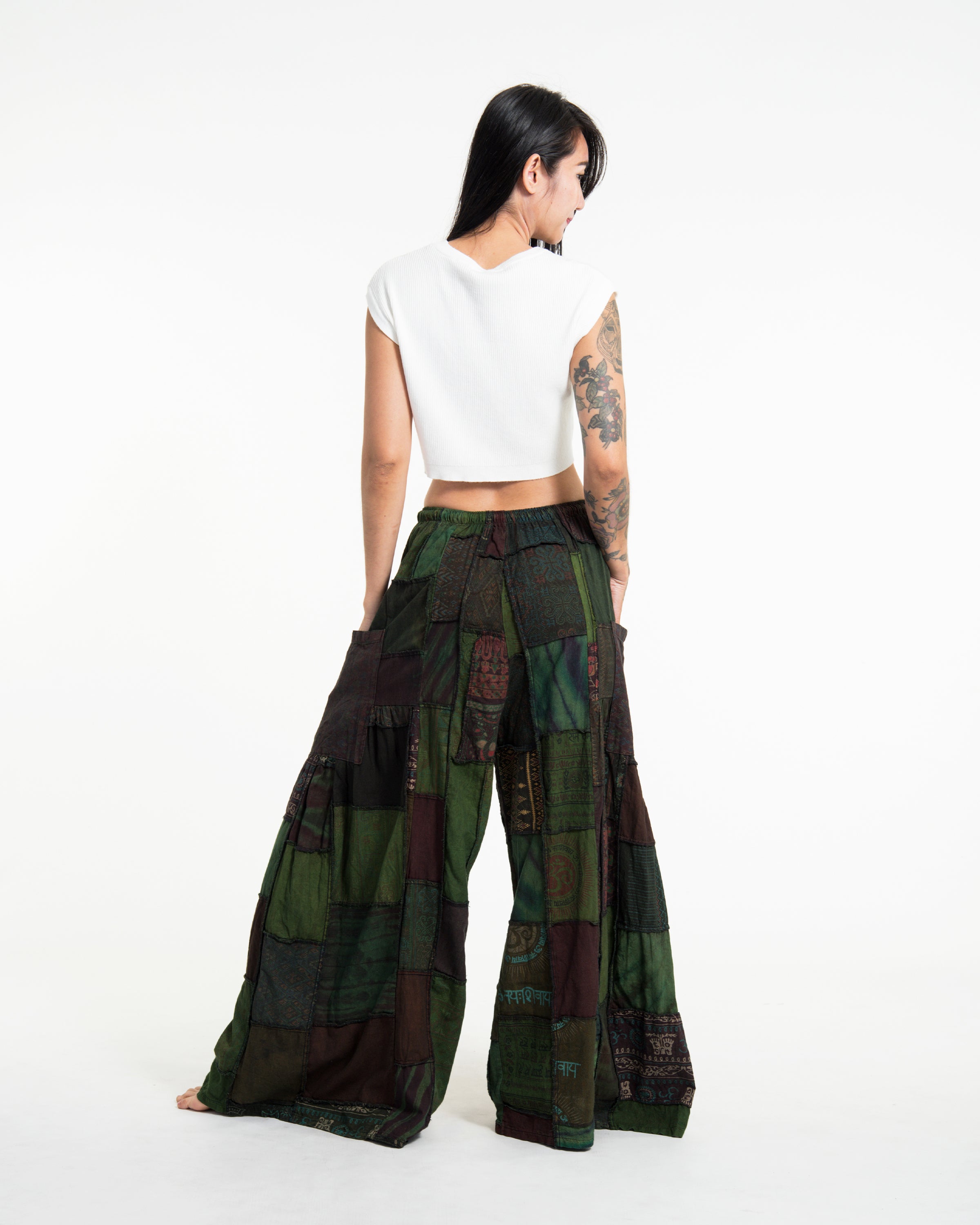 Women's Patchwork Stone Washed Wide Leg Cotton Pants in Dew