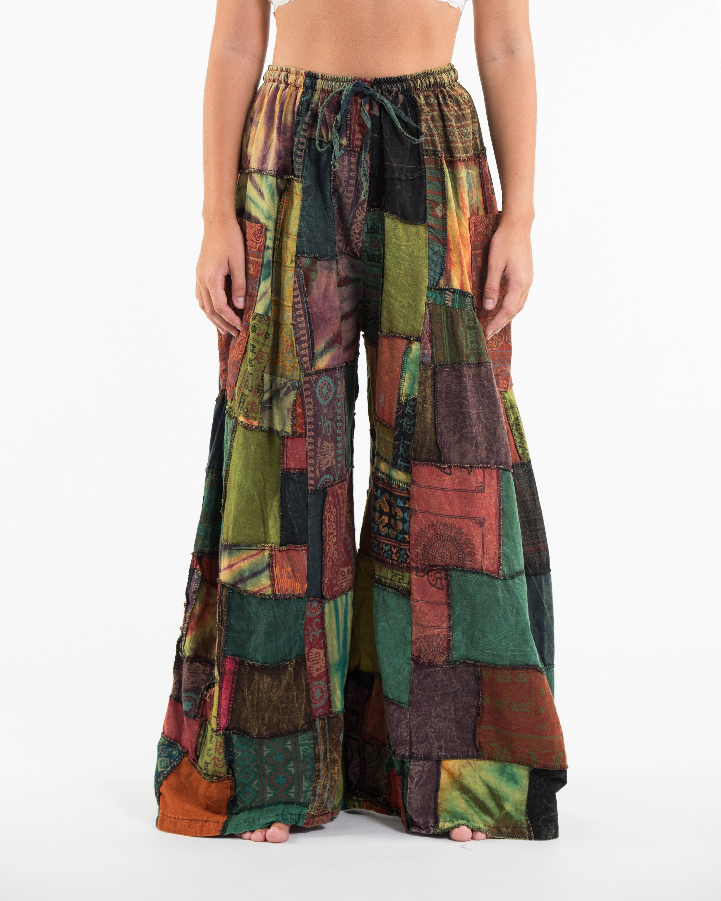 Women's Patchwork Stone Washed Wide Leg Cotton Pants in Dune