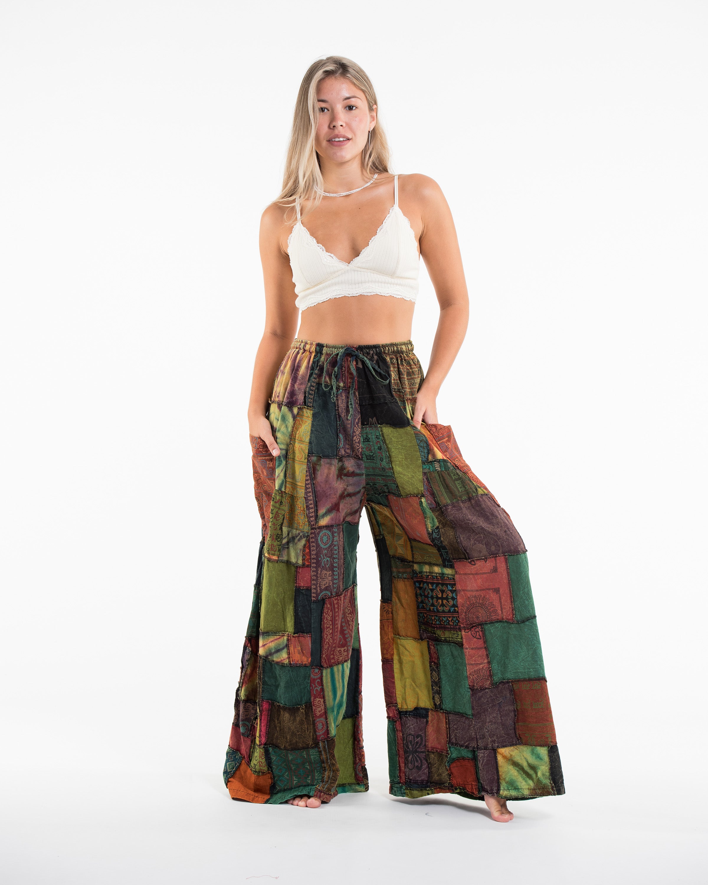 Women's Patchwork Stone Washed Wide Leg Cotton Pants in Dune