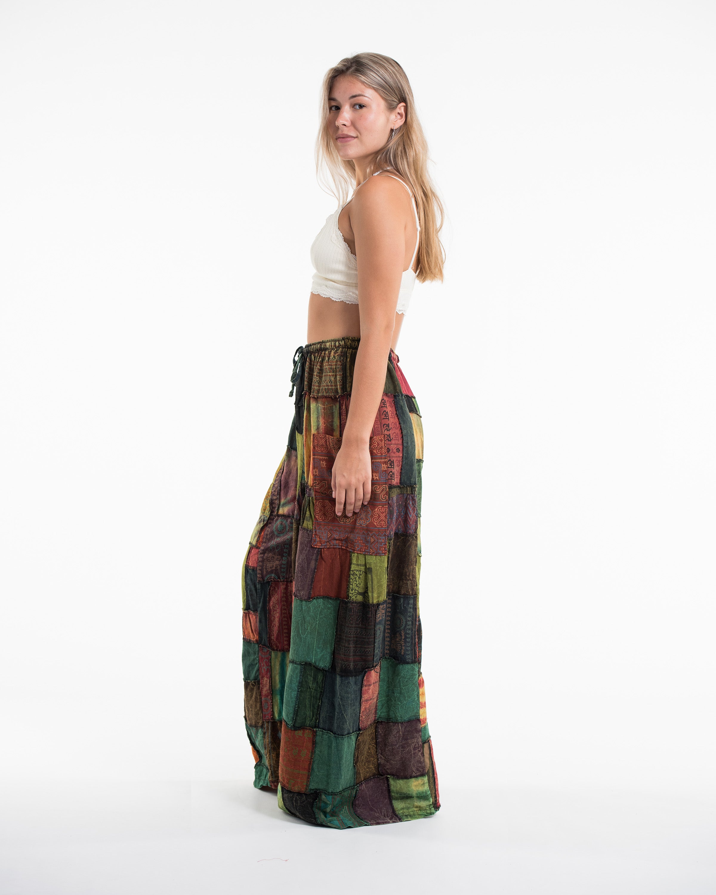 Women's Patchwork Stone Washed Wide Leg Cotton Pants in Dune