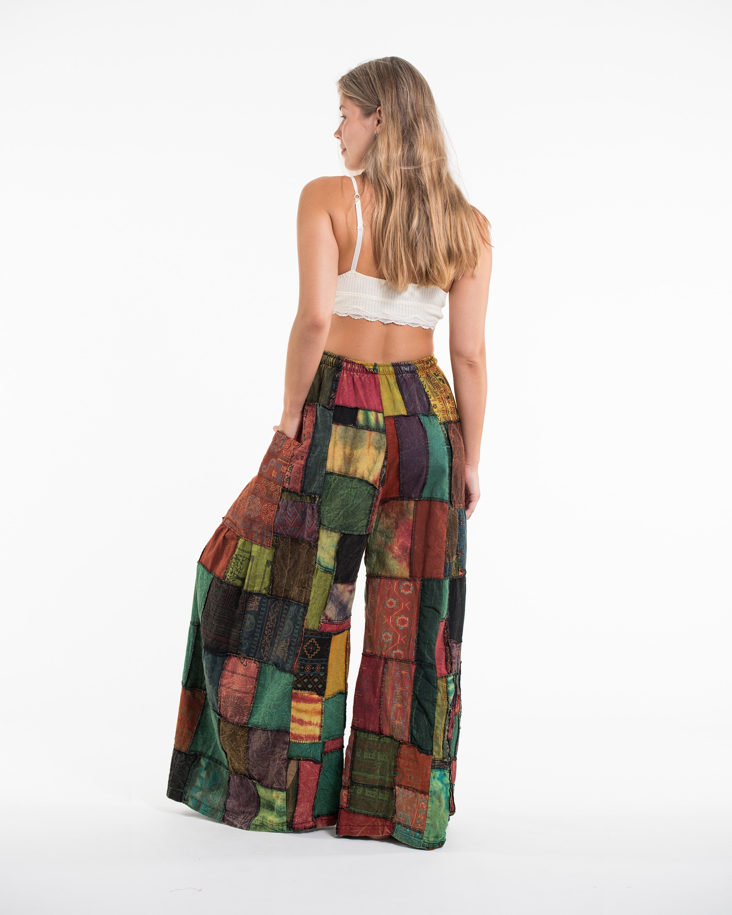 Women's Patchwork Stone Washed Wide Leg Cotton Pants in Dune