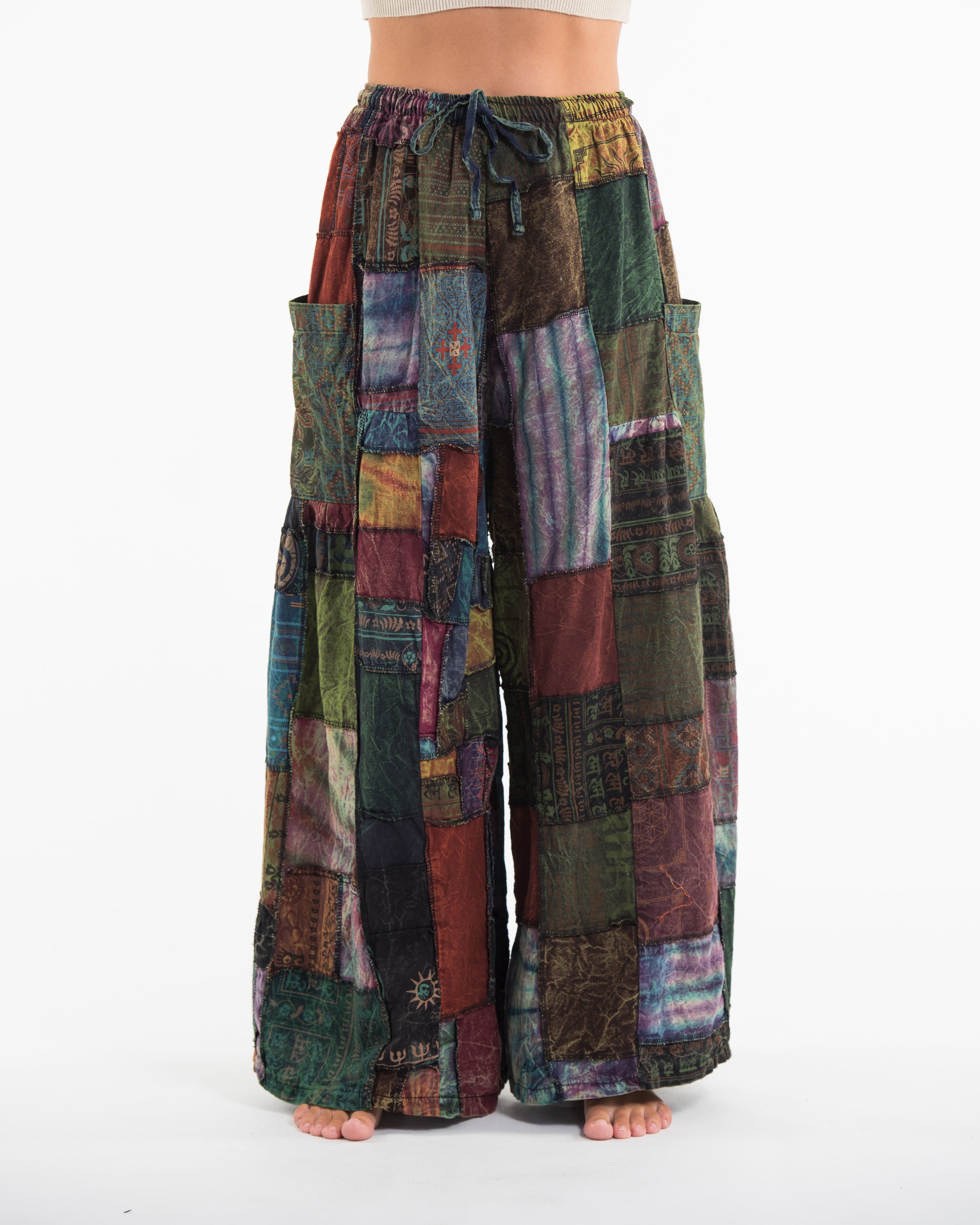 Women's Patchwork Stone Washed Wide Leg Cotton Pants in Dusk