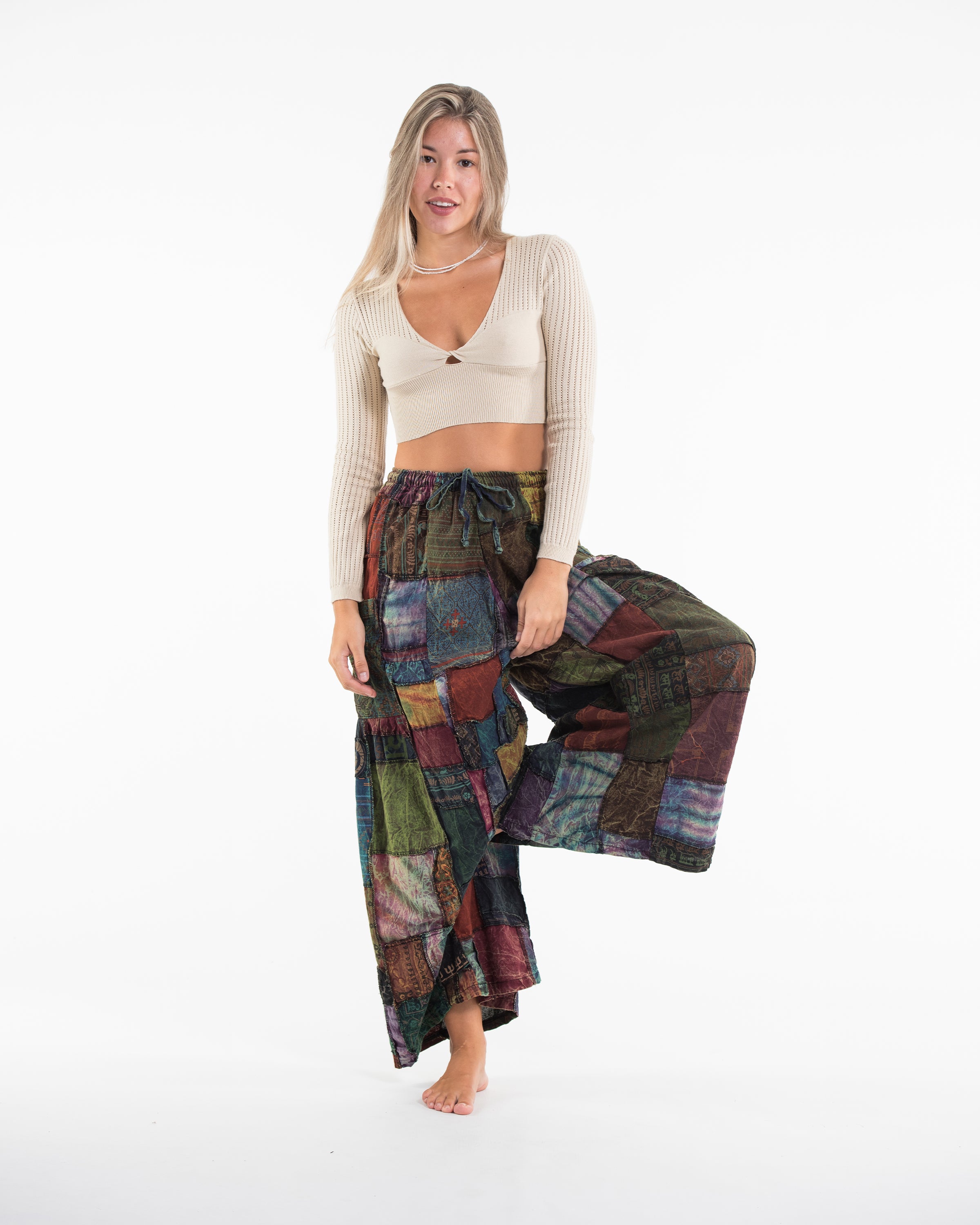 Women's Patchwork Stone Washed Wide Leg Cotton Pants in Dusk