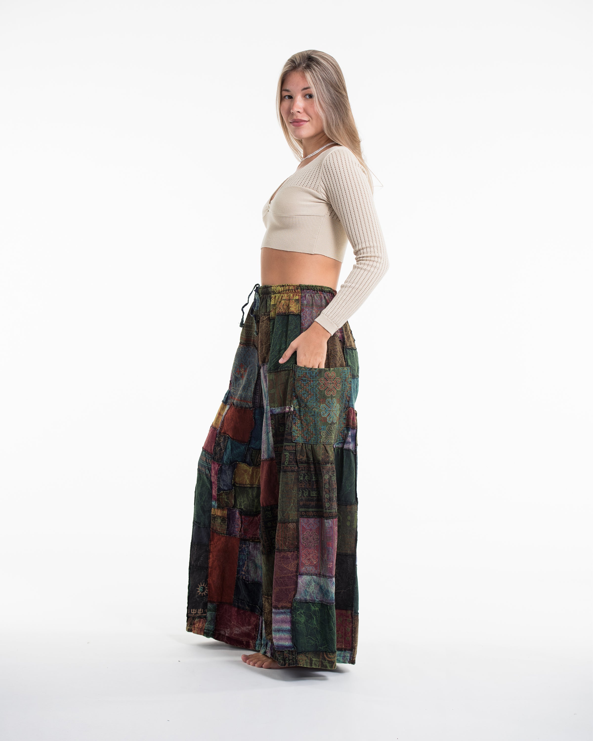 Women's Patchwork Stone Washed Wide Leg Cotton Pants in Dusk