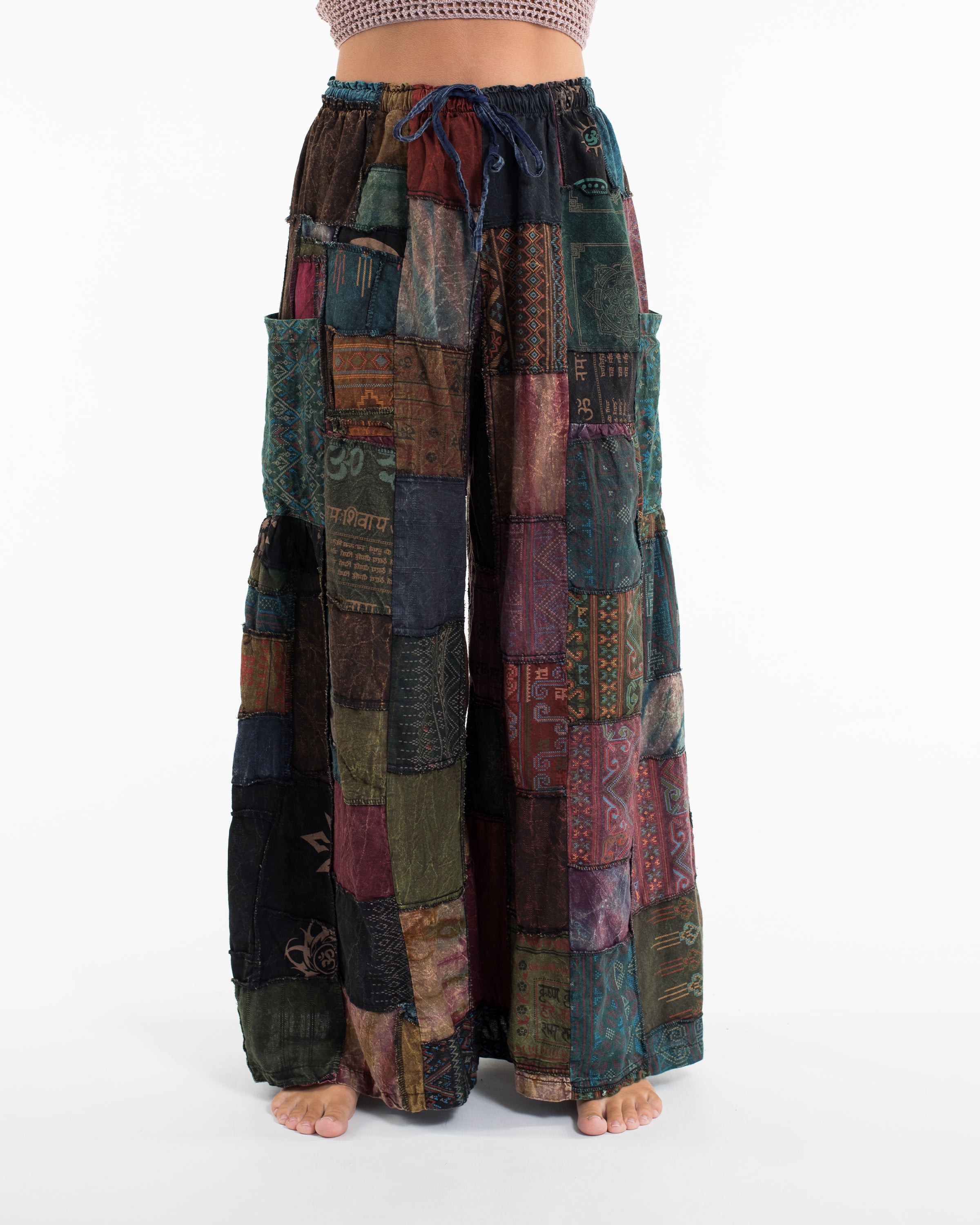 Women's Patchwork Stone Washed Wide Leg Cotton Pants in Dusk