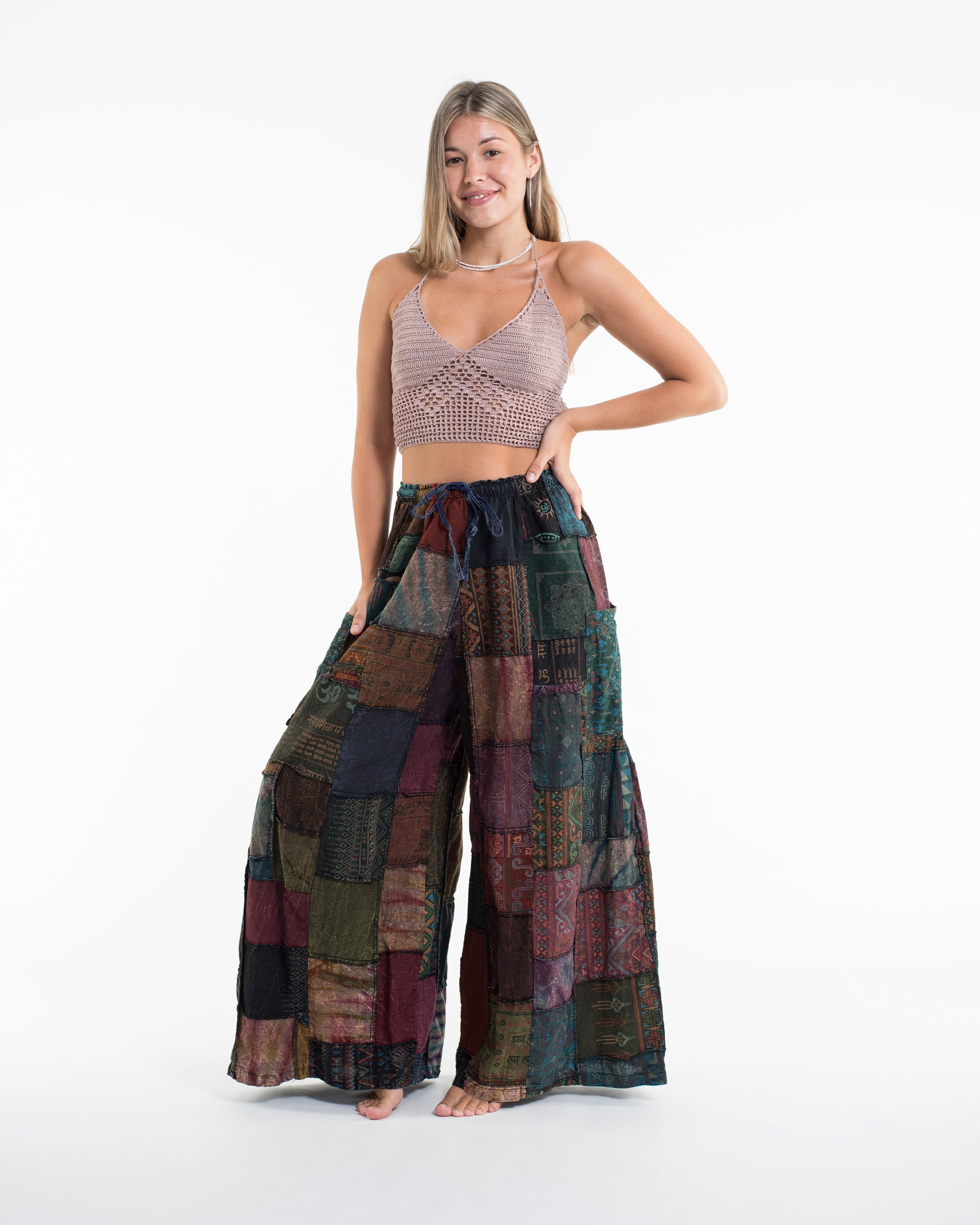 Women's Patchwork Stone Washed Wide Leg Cotton Pants in Dusk