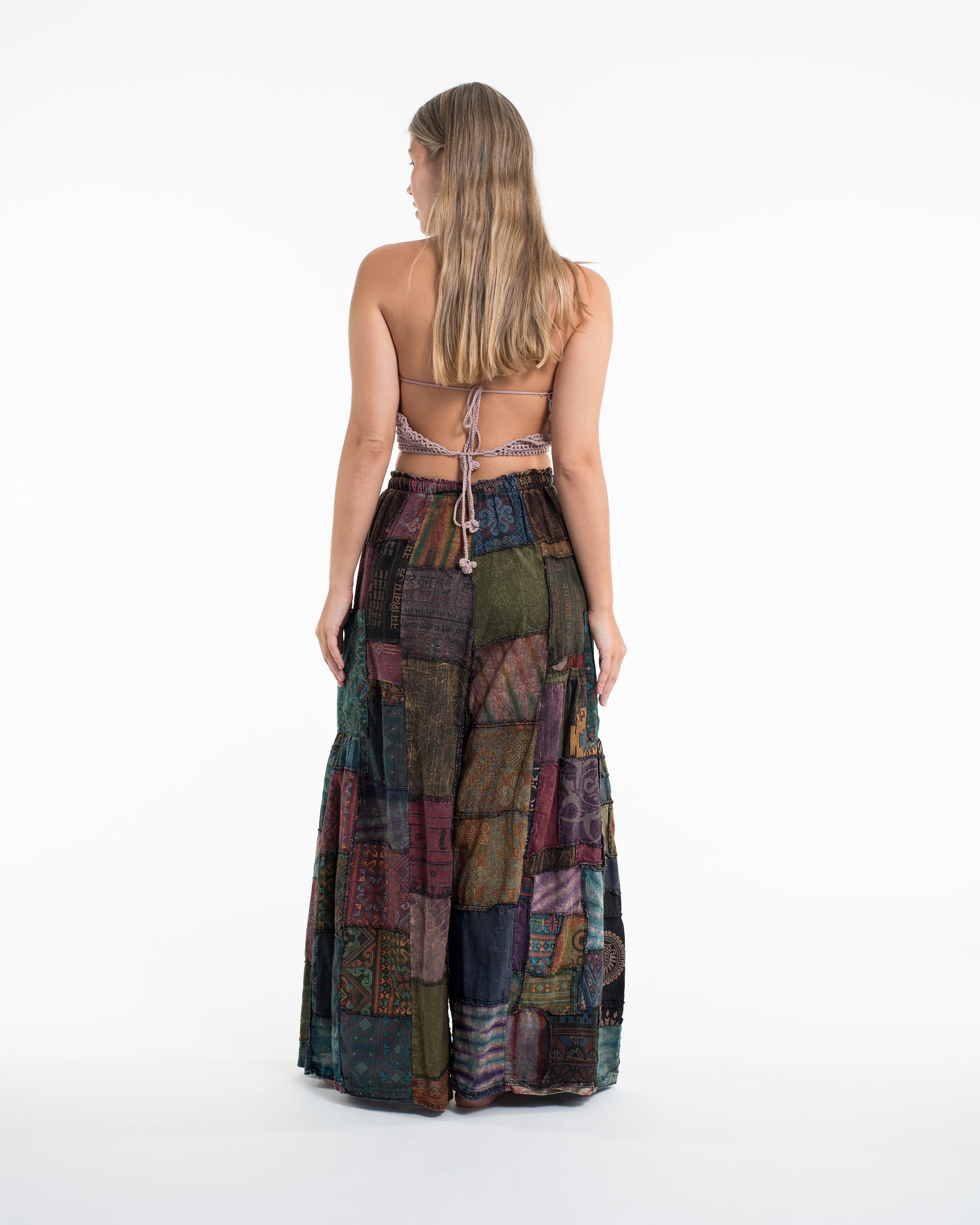 Women's Patchwork Stone Washed Wide Leg Cotton Pants in Dusk