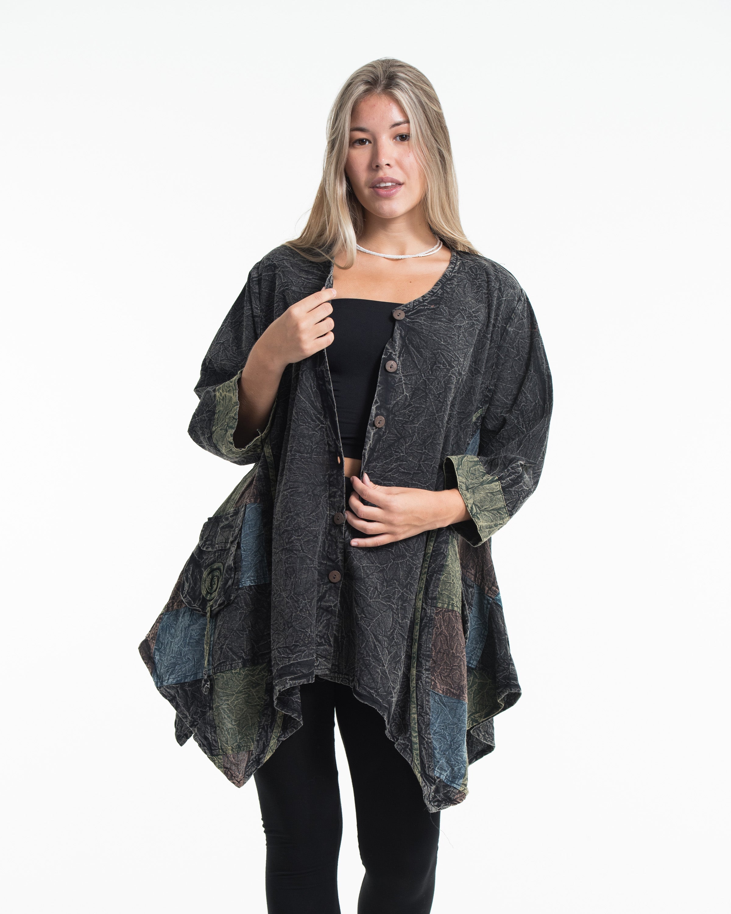 Unisex Patchwork Stonewashed Tunic Top in Black