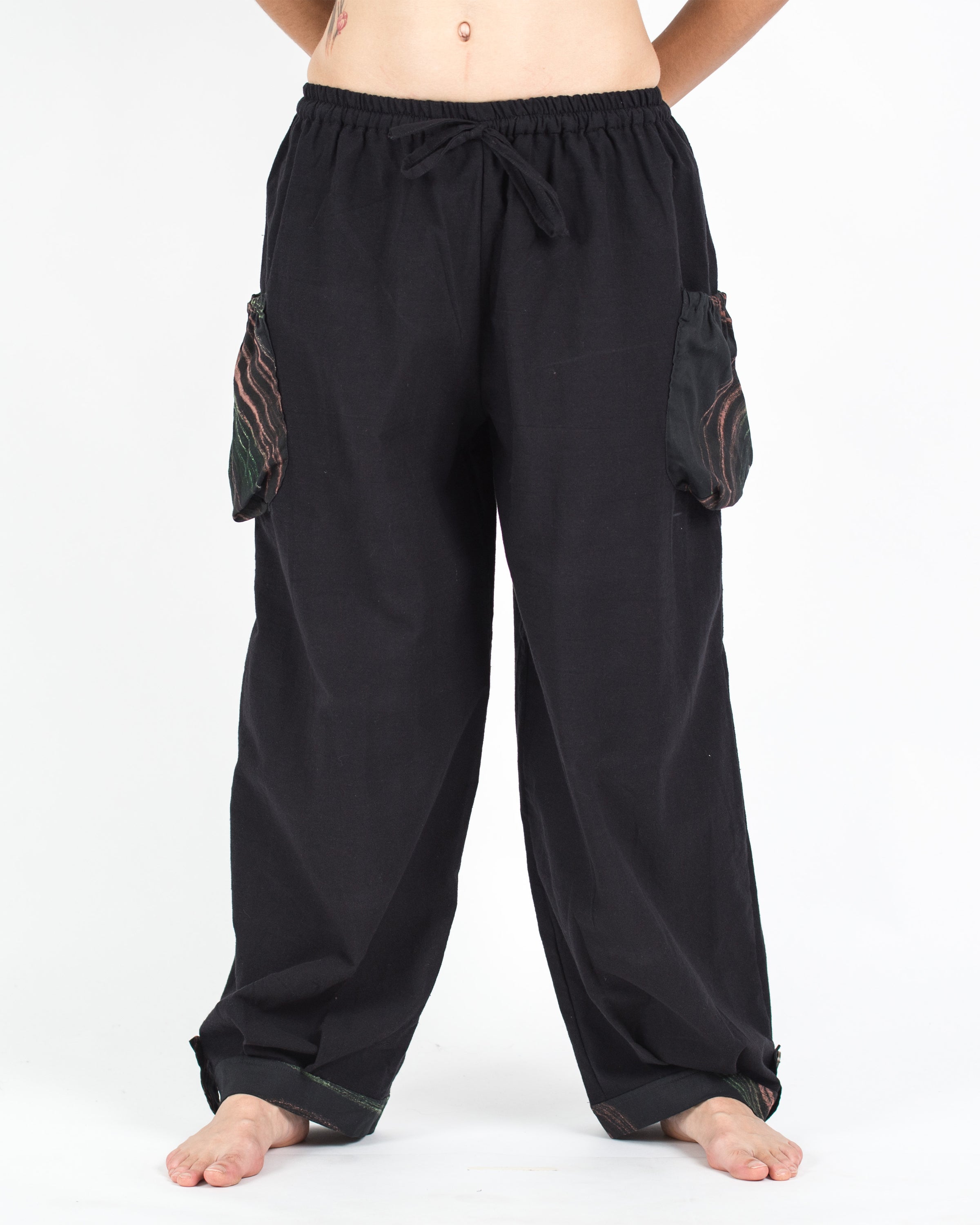 Thai Cotton Women Drawstring Pants With Hill Tribe Trim Black